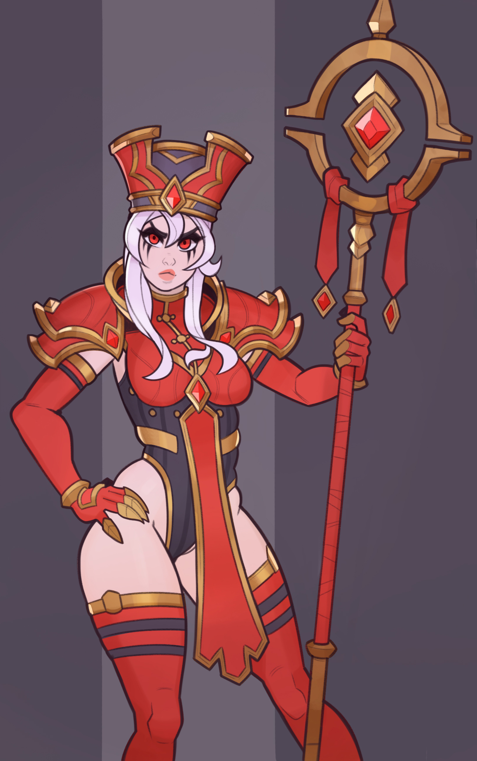 blizzard entertainment, cindercloth pants, female, heroes of the storm, human, human priest, red eyes, sally whitemane, scarlet crusade, splashbrush, staff, thick thighs, thighhighs, warcraft, white hair, world of warcraft