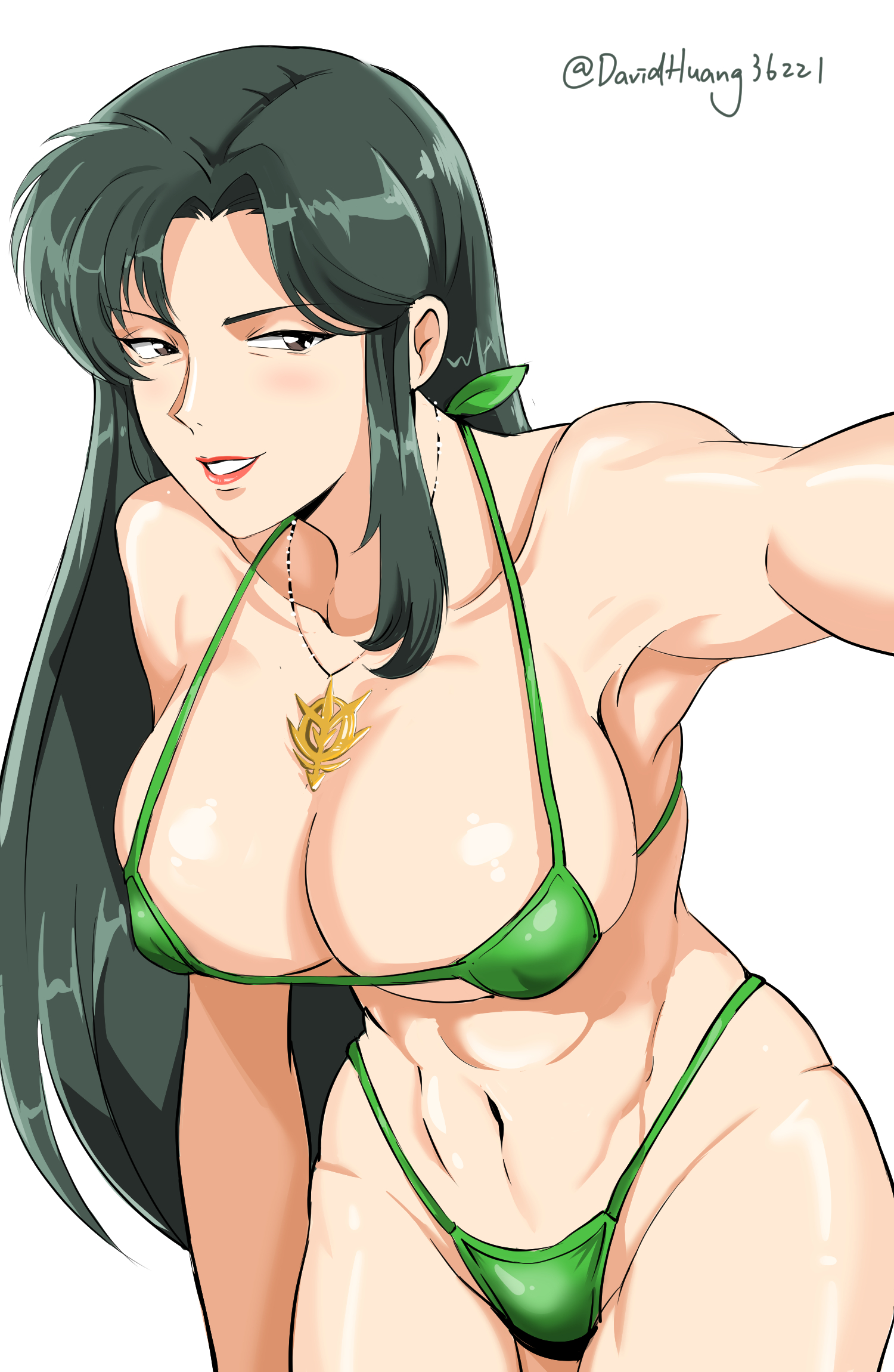 1girls, bikini, bikini bottom, bikini top, bottomwear, brown eyes, cima garahau, dark green hair, davidhuang36221, female, female only, green bikini, green hair, gundam, gundam 0083, hair, lips, long hair, mature, mature female, mature woman, micro bikini, necklace, neckwear, smile, solo, solo female, swimwear, thighs, topwear, white background