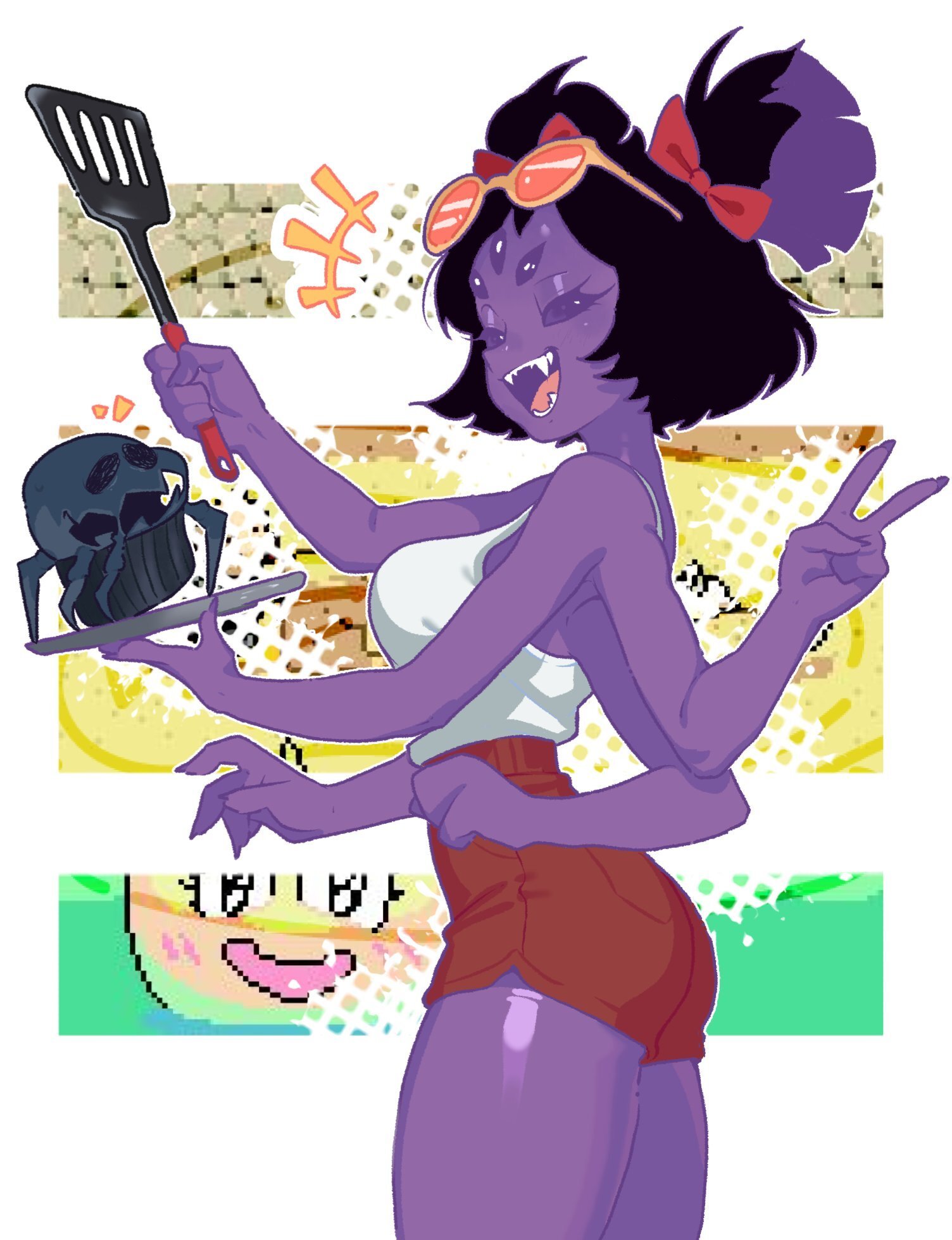 1girls, 5 eyes, 6 arms, anthro, arachnid, arachnid humanoid, black hair, fangs, female, female focus, female only, hair ornament, hair ribbon, holding object, looking at viewer, muffet, multi arm, multi limb, purple body, purple skin, sharp teeth, shorts, smile, spatula, spider, spider girl, sunglasses, sunglasses on head, tagme, tank top, teeth, twintails, undertale, v sign