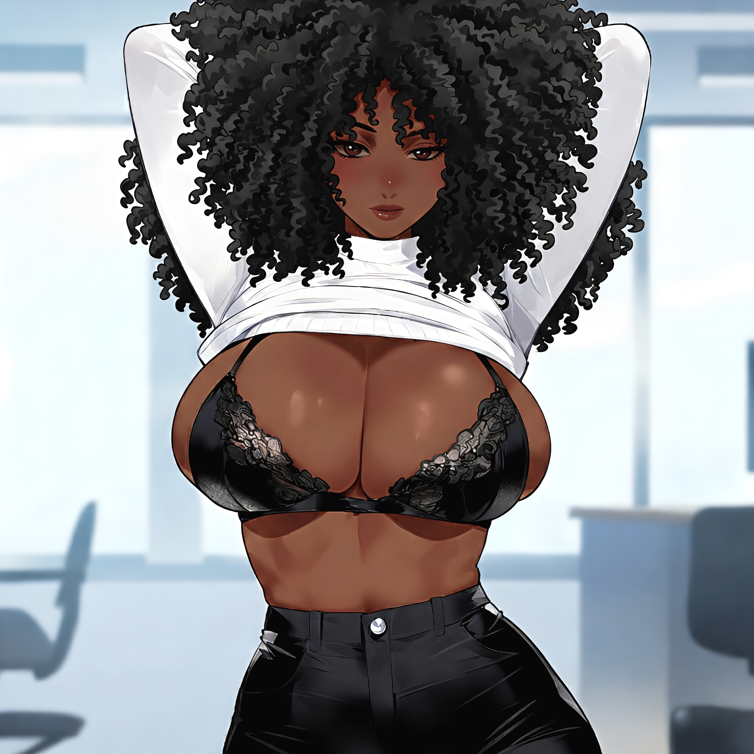 1girls, african female, afro, ai generated, arms up, big ass, big breasts, black bra, black hair, black woman, bra, breasts, brown hair, cleavage, curly hair, dark skin, dark-skinned female, female, female only, hands behind head, huge breasts, looking at viewer, mrtecta, office, office lady, original, original character, shirt lift, solo, solo female, thick lip