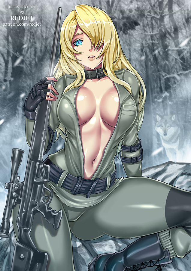 1girls, ass, big ass, big breasts, blonde hair, blonde-haired female, blue eyes, boots, breasts, cleavage, female, female focus, female only, fingerless gloves, hair over one eye, huge breasts, long hair, looking at viewer, metal gear, metal gear solid, military uniform, navel, no bra, open mouth, outdoors, patreon, pose, posing, redjet, sniper rifle, sniper wolf, snow, solo, solo focus, thick thighs, uniform, weapon, winter