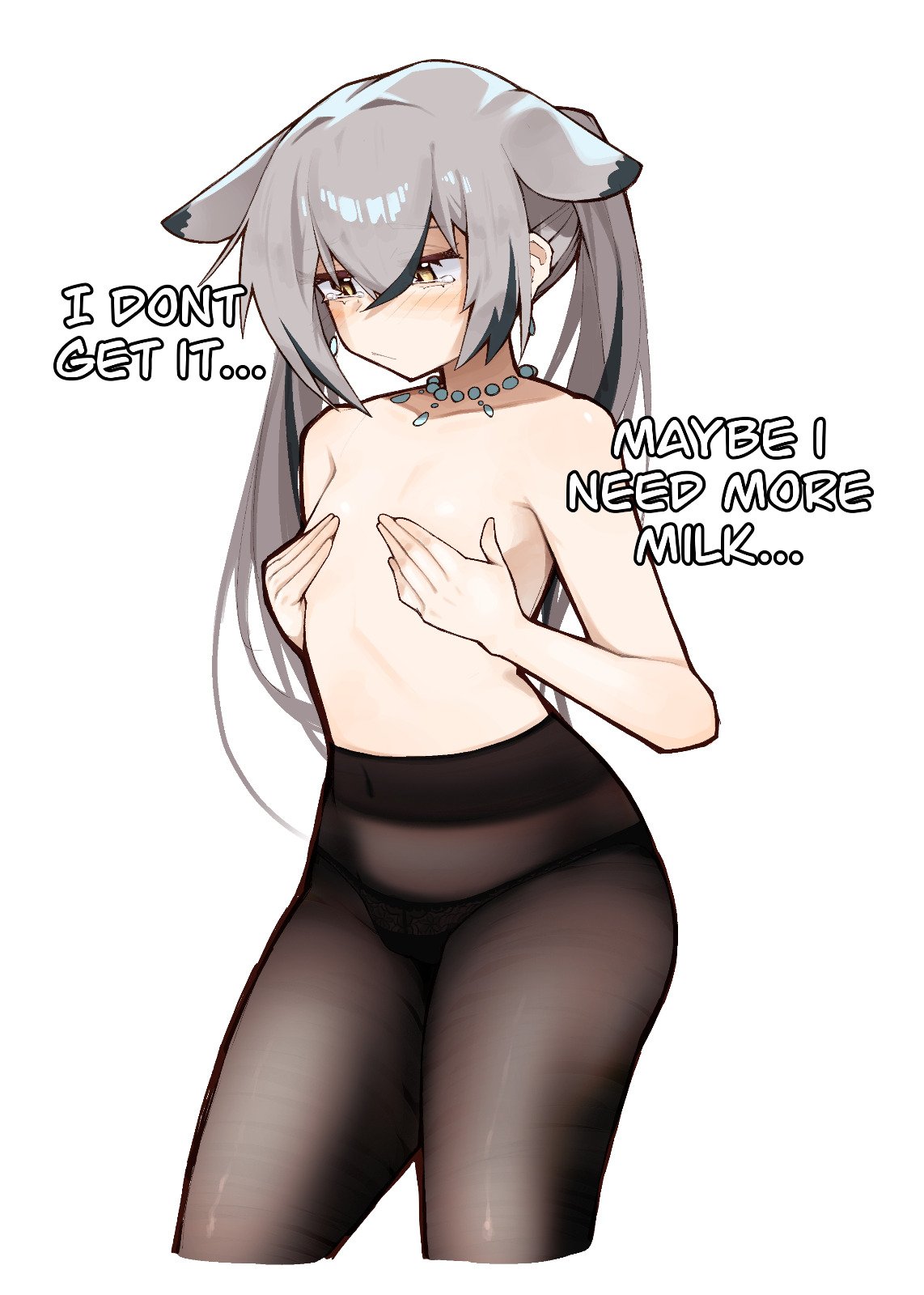 animal ears, arched back, black hair, black panties, black pantyhose, black streaks, blush, breast conscious, breasts, cat ears, cat girl, closed mouth, collarbone, commentary, covering breasts, covering privates, cropped legs, cws3k, double-parted bangs, earrings, ears down, english commentary, english text, extra ears, eyebrows hidden by hair, female, frown, furrowed brow, go! go! gris!, grey hair, hair between eyes, hair intakes, half-closed eyes, hands on own chest, high-waist pantyhose, highres, jealous, jewelry, lace, lace panties, long eyelashes, long hair, looking down, multicolored hair, narrowed eyes, navel, necklace, panties, panties under pantyhose, pantyhose, parted hair, pearl earrings, pearl necklace, raised eyebrows, raised inner eyebrows, sad, see-through pantyhose, sheer pantyhose, sidelocks, simple background, slit pupils, small breasts, solo, standing, stomach, streaked hair, tearing up, thick eyelashes, thick thighs, thighs, topless female, twintails, two-tone hair, underwear, very long hair, viska (go! go! gris!), w arms, white background, wide hips, yellow eyes