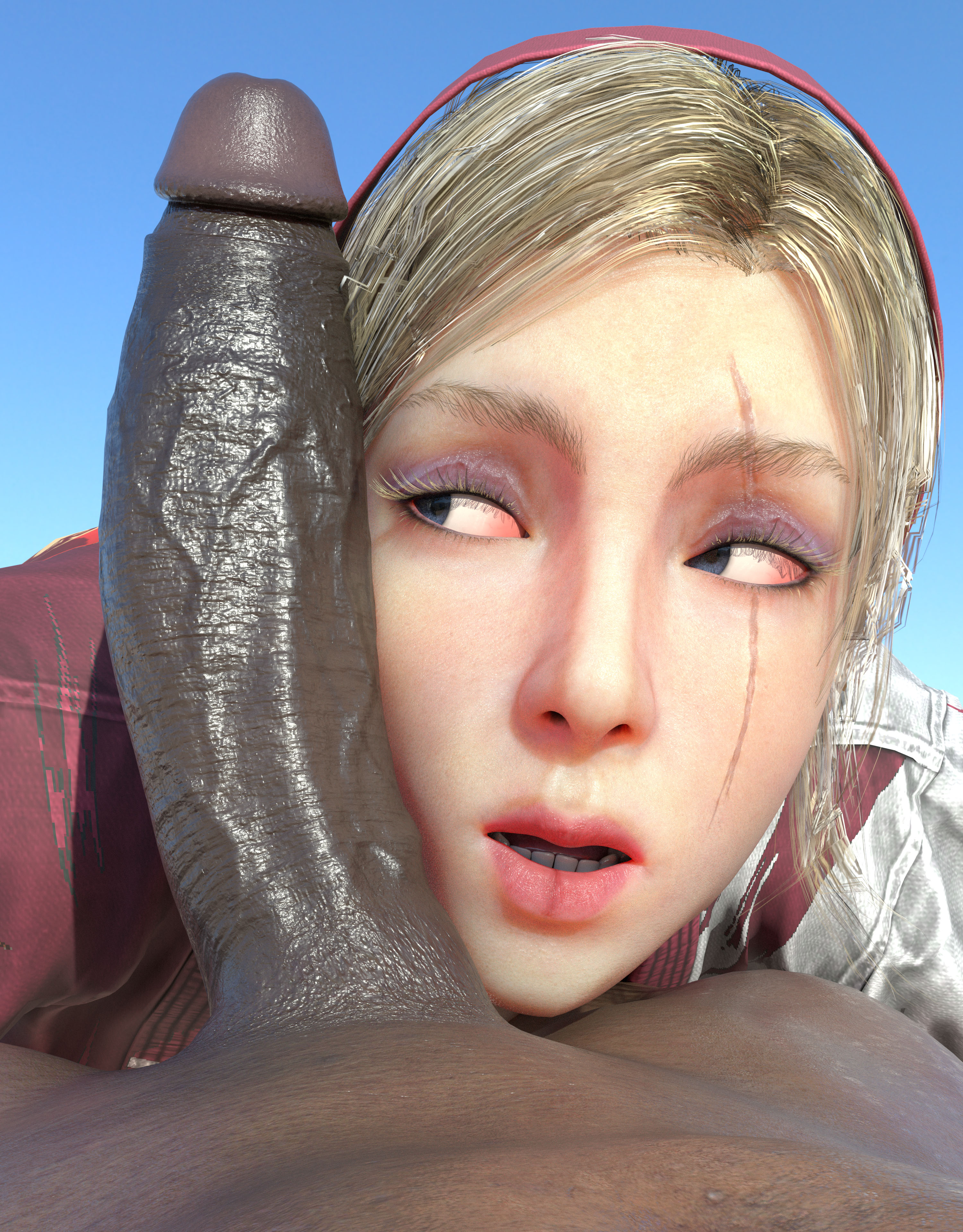 1boy, 1girls, 3d, 3d (artwork), blonde hair, cabezadeperro00, dark skin, dark-skinned male, female, interracial, lidia sobieska, male, penis, penis on face, tekken, tekken 8