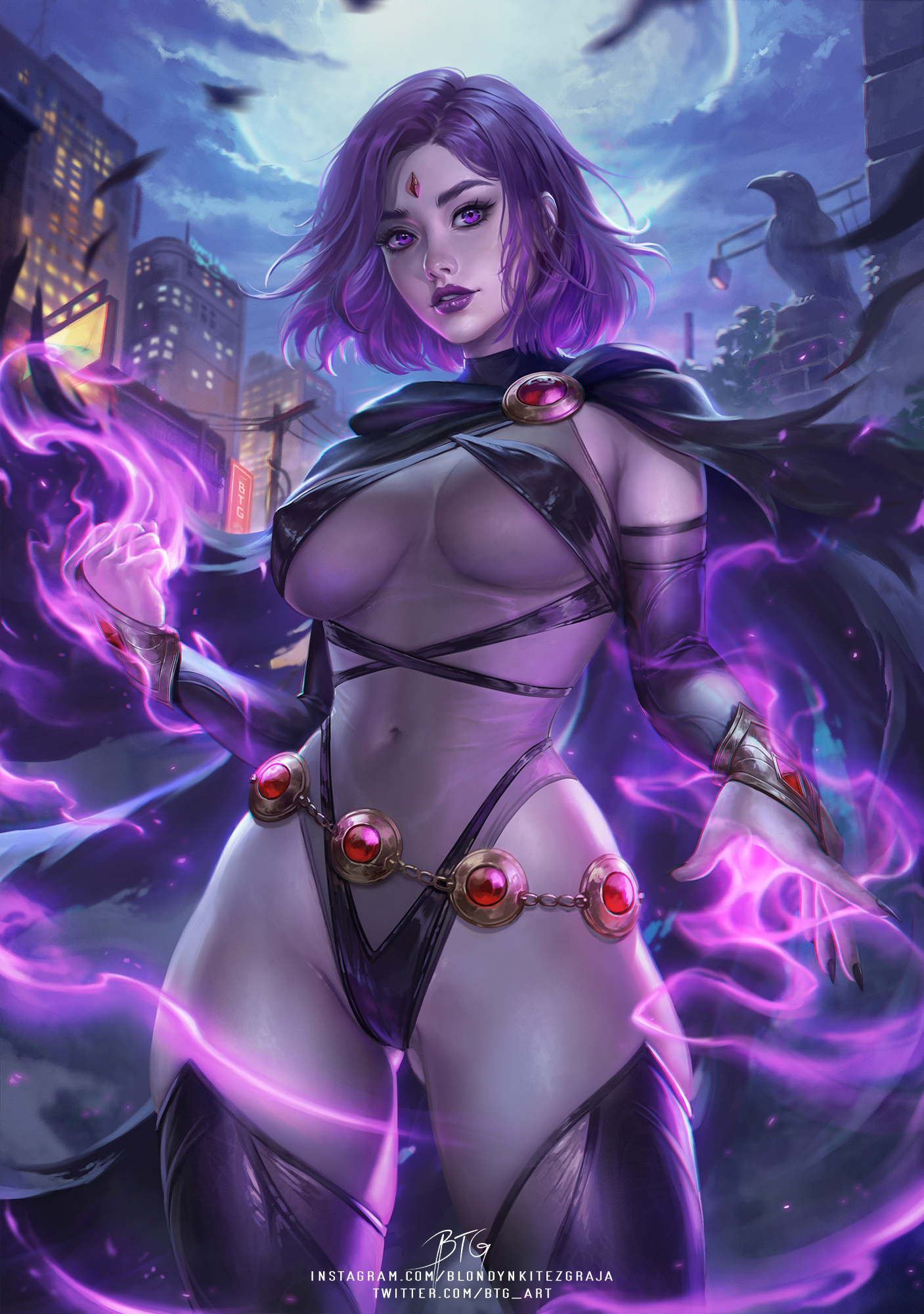 1girls, btg, btg art, dc, dc comics, female, goth girl, pale-skinned female, purple hair, raven (dc), solo, solo female, teen titans