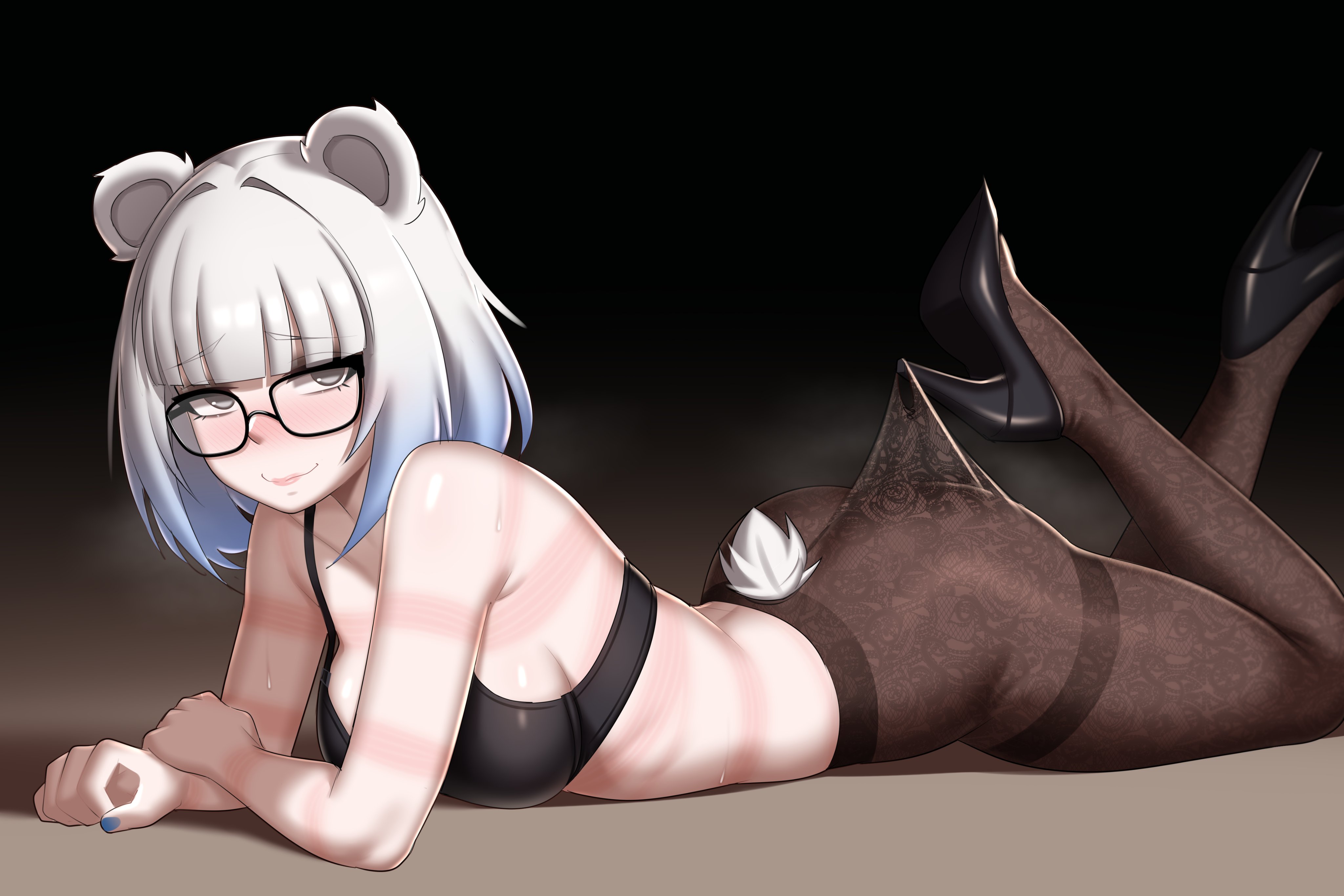 1girls, absurd res, alisa (curseddelta), animal ears, bear, bear girl, blush, bra, breasts, curseddelta, female, glasses, high heels, highres, lace pantyhose hooked on heel (meme), lipstick, looking at viewer, lying on stomach, medium breasts, medium hair, meme, nerdy female, original, original character, pale skin, pale-skinned female, pantyhose, ribs, rope marks, stockings