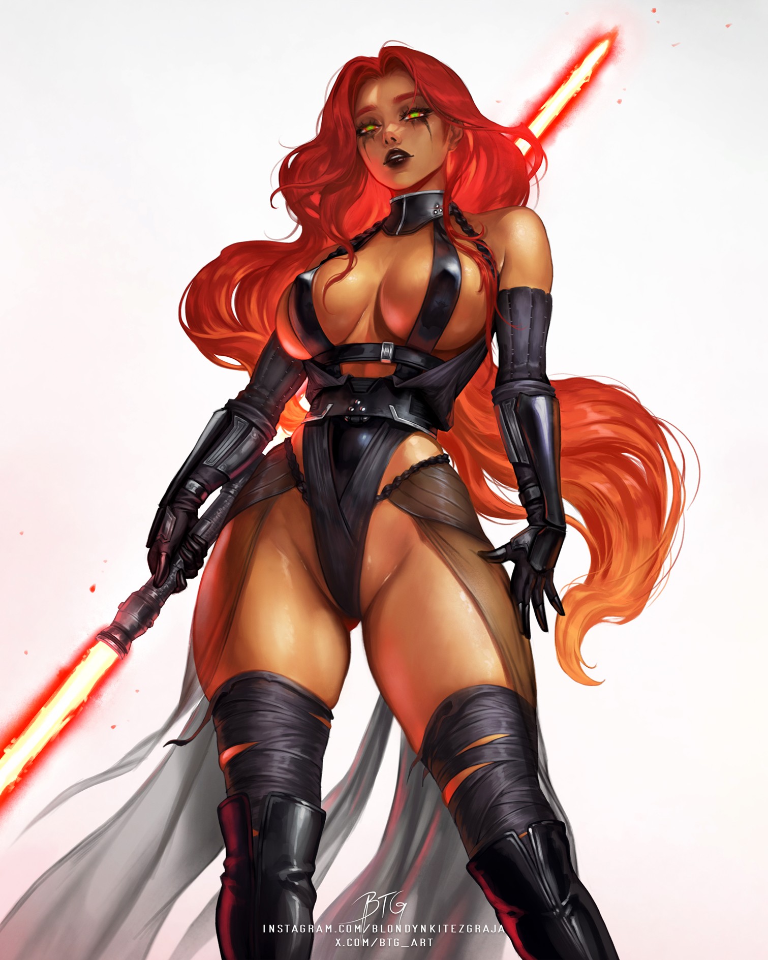 blondynkitezgraja, btg, btg art, dark-skinned female, dc, dc comics, dual-bladed lightsaber, female, green eyes, lightsaber, red hair, red lightsaber, sith lady, star wars, starfire, starfire (teen titans), teen titans