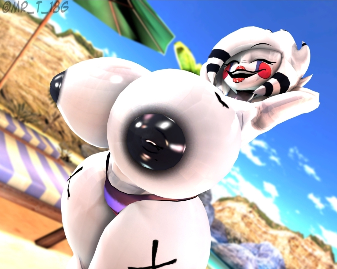 1girls, 3d, 3d (artwork), alternate version available, beach, bikini, bikini bottom, breasts, cryptiacurves, fazclaire's nightclub, female, female only, five nights at freddy's, fredina's nightclub, huge breasts, marie (cally3d), massive breasts, mr t 18g, puppet (fnaf), signature, smiling at viewer, smug, solo, stretching, thick thighs, thighs, white body, white hair, white skin