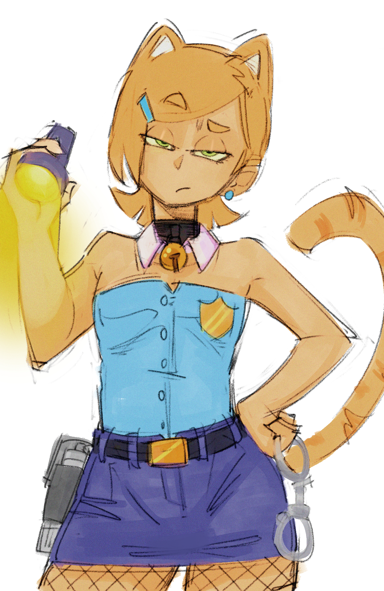ben 10, ben 10 (classic), cat ears, cat tail, cosplay, ginger hair, gwen tennyson, gwen tennyson (classic), looking at viewer, police uniform, policewoman, red hair, skuunk02, solo, solo female