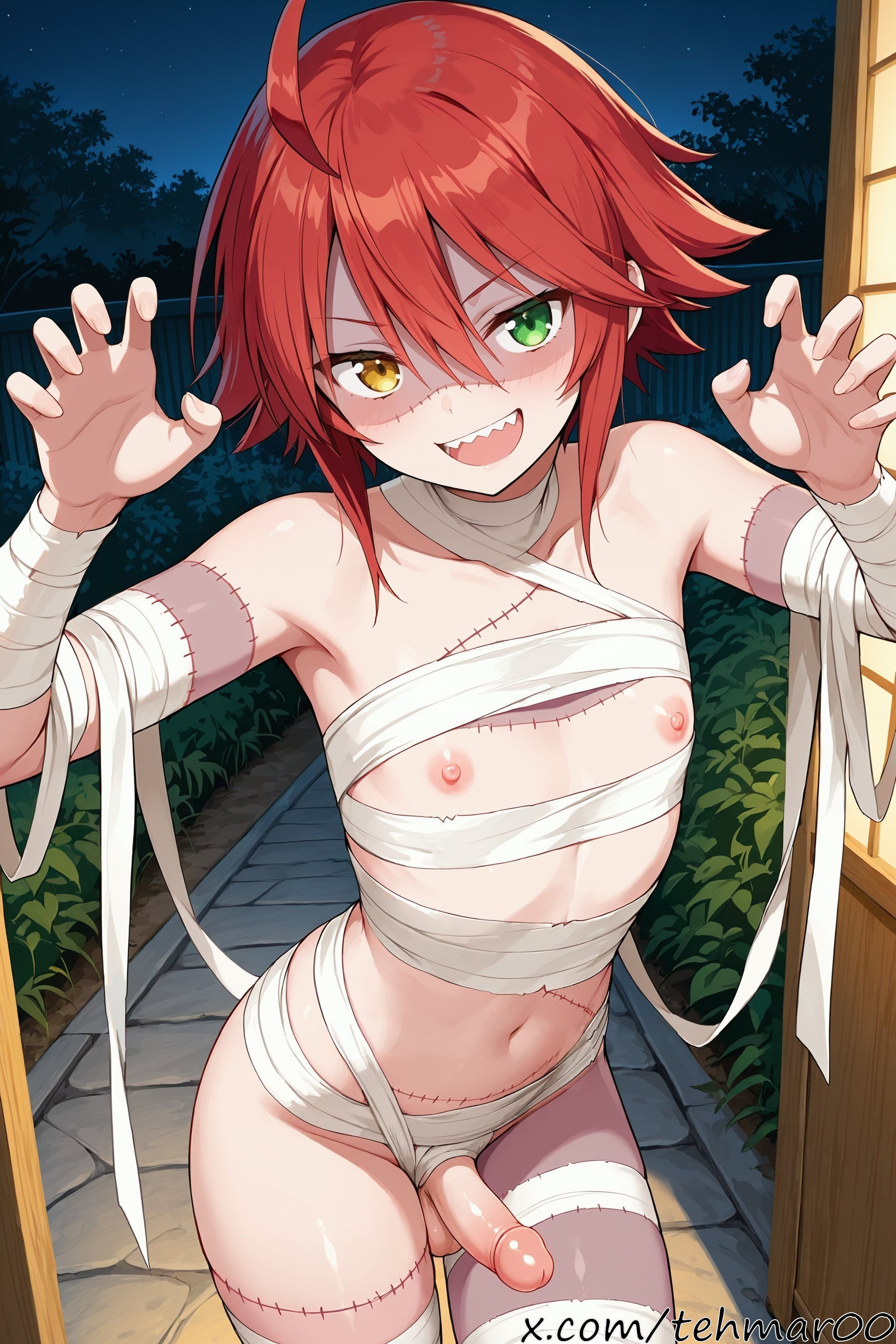 :d, 1boy, ahoge, ai generated, balls, bangs, claw pose, collarbone, cowboy shot, erection, femboy, fingernails, flat chest, genderswap (ftm), green eyes, hair between eyes, hands up, heterochromia, looking at viewer, male, male only, monster musume no iru nichijou, moon, mummy costume, mummy wrappings, naked bandage, navel, night, night sky, nipples, open hand, open mouth, outdoors, patchwork skin, penis, red hair, rule 63, sharp teeth, short hair, sky, smile, solo, standing, starry sky, stitches, tagme, teeth, tehmar, testicles, trans woman, transfem, trap, tree, v-shaped eyebrows, yellow eyes, zombie, zombina