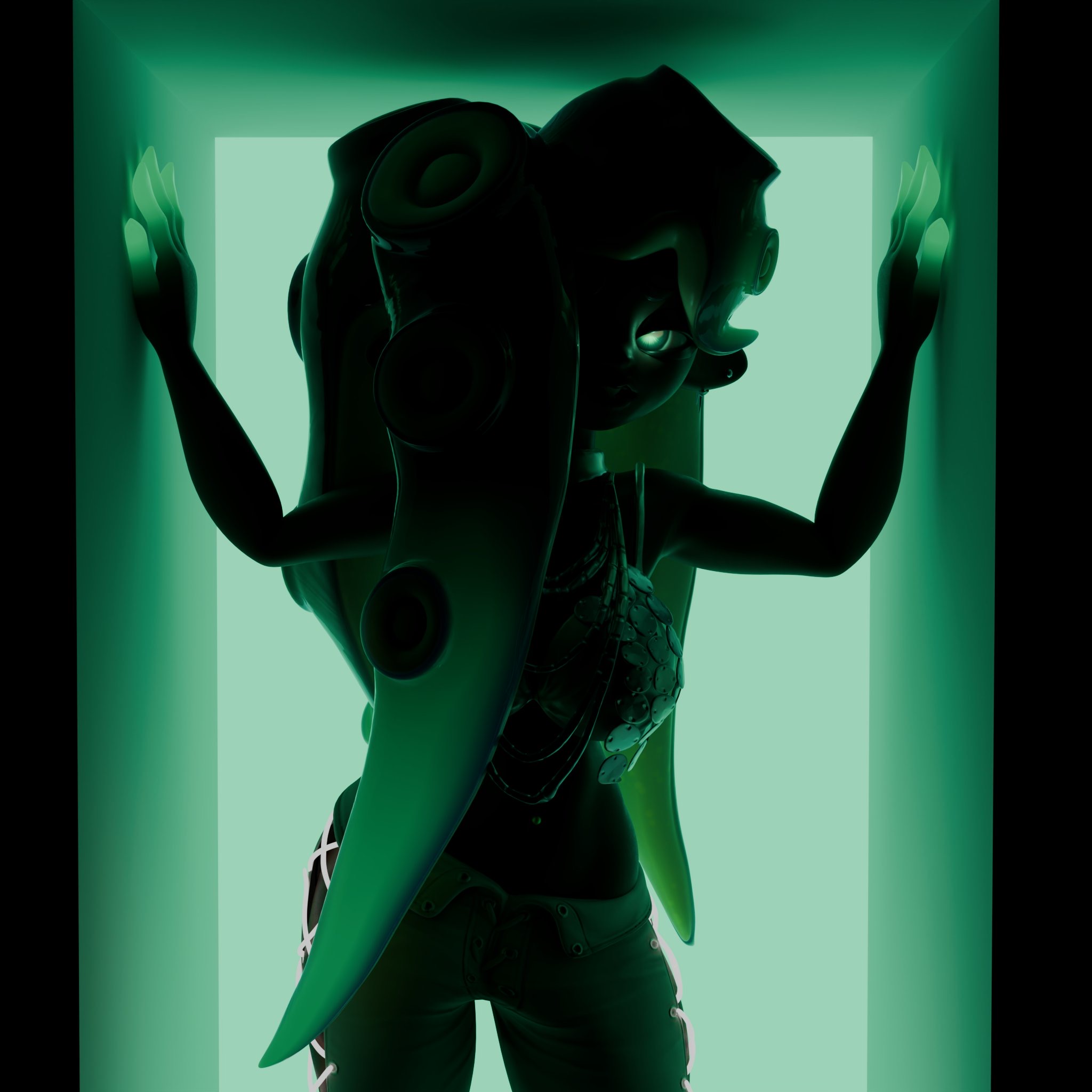 3d, 3d (artwork), 3d model, chest plates, dark body, dark room, dark skin, dark-skinned female, female, glowing, glowing eyes, glowing hair, glowing markings, green background, green eyes, green hair, hourglass figure, jewelry, looking at viewer, marina (splatoon), marina (wo262), model, nintendo, octoling, octoling girl, partially clothed, presenting, silhouette, splatoon, splatoon (series), splatoon 2, splatoon 3, tentacle, tentacle hair, v nsfw, wide hips, wide thighs, wo262 (3d model style)