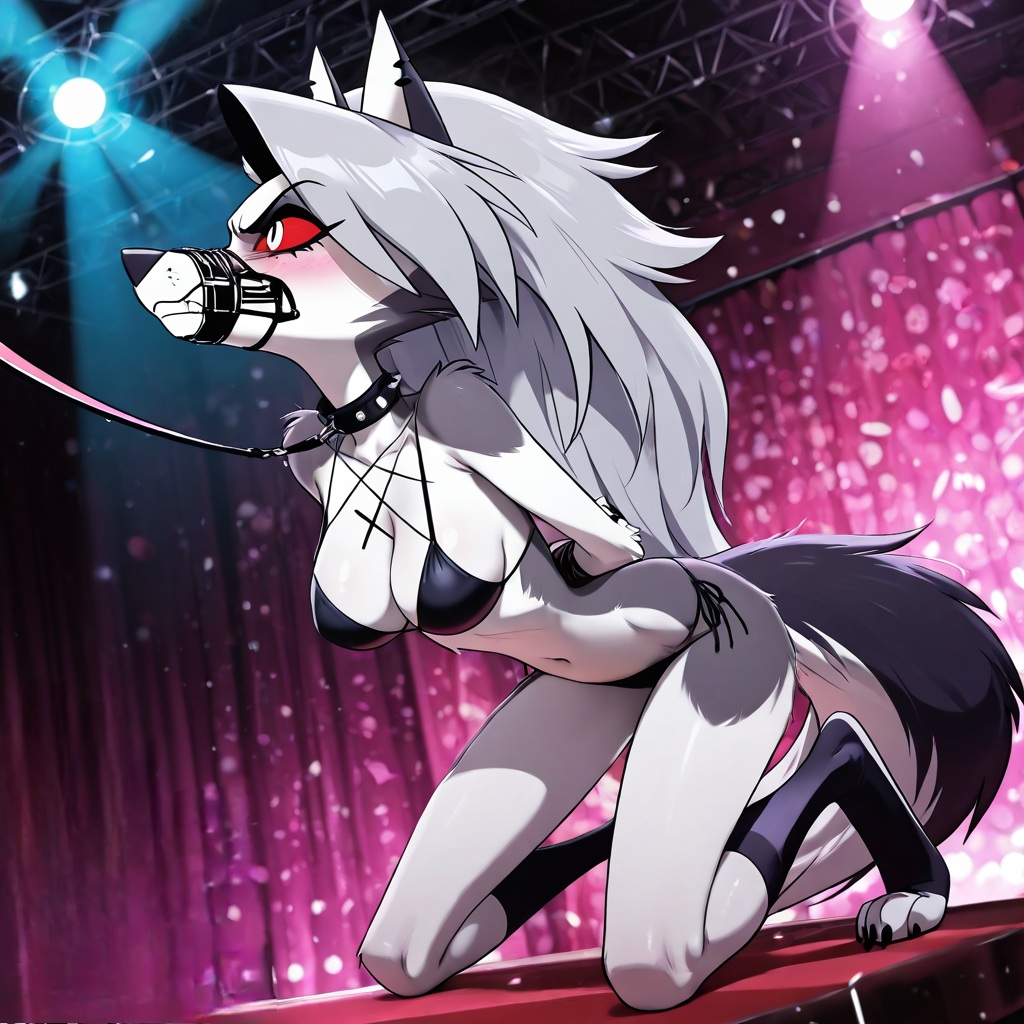 ai generated, angry, anthro, bikini, blush, bondage, breasts, cleavage, collar, female, grey hair, helluva boss, leash, loona (helluva boss), muzzled, navel, on knees, red eyes, restrained, slim waist, spotlight, stage, struggling, tail, tied up, wolf girl