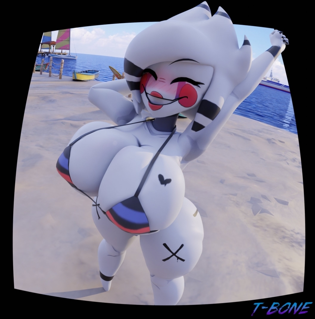 1girls, 3d, 3d (artwork), armpits, artist name, background, beach, big breasts, bikini, bikini top, black border, blush, breasts, breasts bigger than head, cryptiacurves, curvy, curvy female, curvy figure, fazclaire's nightclub, female, female only, five nights at freddy's, fredina's nightclub, happy, huge breasts, marie (cally3d), marie (cryptia), outdoors, pose, public, puppet (fnaf), sea, sky, smile, smiling at viewer, smug, solo, stretching, striped bikini, t-bone589, tagme, thick thighs, thighs, voluptuous, voluptuous female, water, white body, white hair, white pupils, white skin