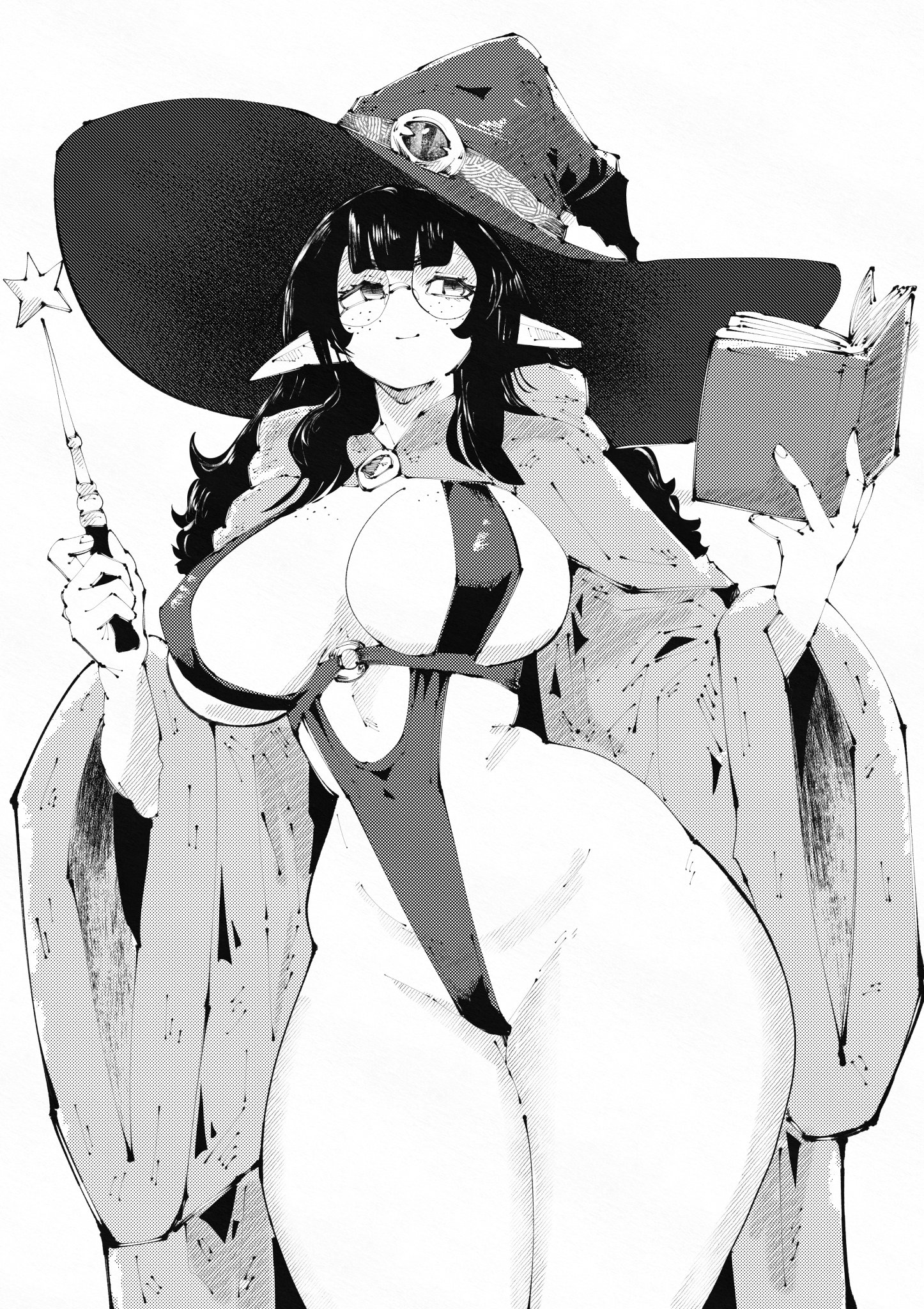 1girls, big breasts, big thighs, black and white, black hair, book, breasts, cleavage, elf, elf ears, elf female, female, female only, hat, hi res, hourglass figure, huge breasts, huge thighs, large breasts, large thighs, long hair, looking away, magical girl, miregeist, monochrome, oc, original, original character, pointy ears, semi nude, simple background, slim waist, solo, solo female, thick, thick thighs, thighs, white background, white skin, wide hips, witch, witch hat