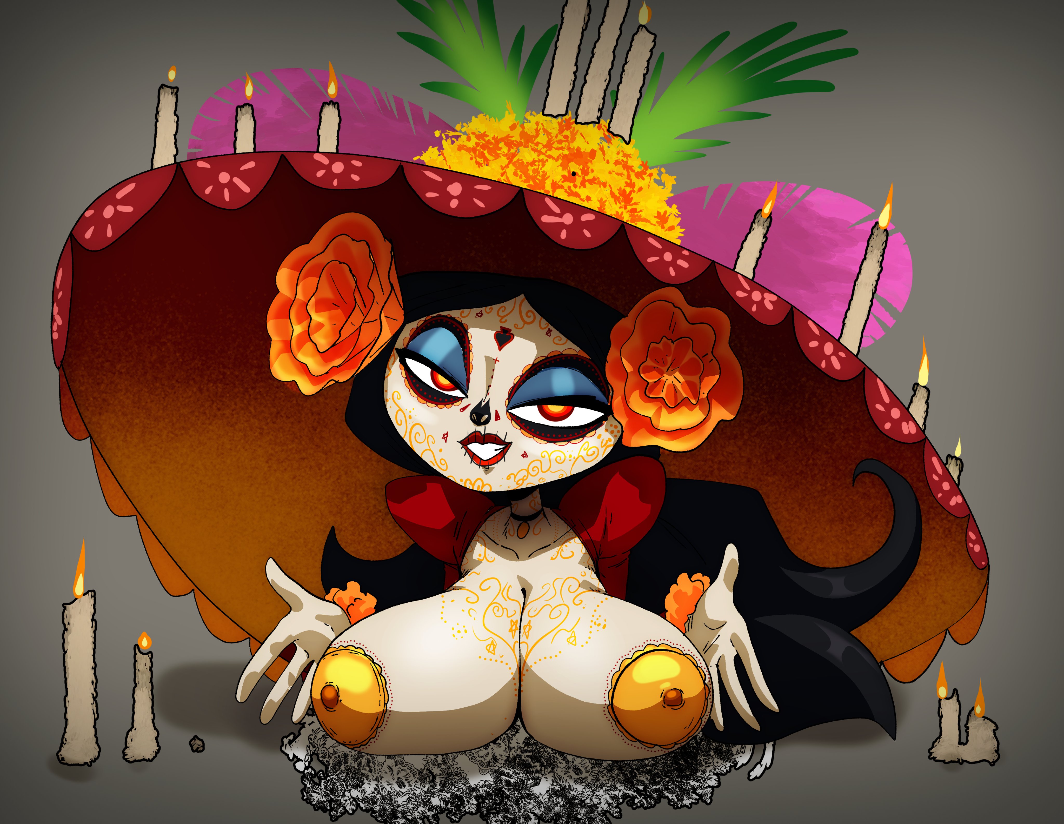 1girls, 2025, 2d, 2d (artwork), 2d artwork, bedroom eyes, big breasts, blue eyeshadow, bodypaint, breasts, breasts focus, candle, candles, choker, coolerinker, dia de los muertos, dress, eyeshadow, facepaint, female, female focus, female only, flower, flower in hair, flowers, flowers on head, fx networks, inkershike, la muerte, lips, lipstick, mostly nude, mostly nude female, nude, nude female, red lips, red lipstick, solo, solo female, solo focus, sombrero, the book of life, upper body, upper body focus, upper body only