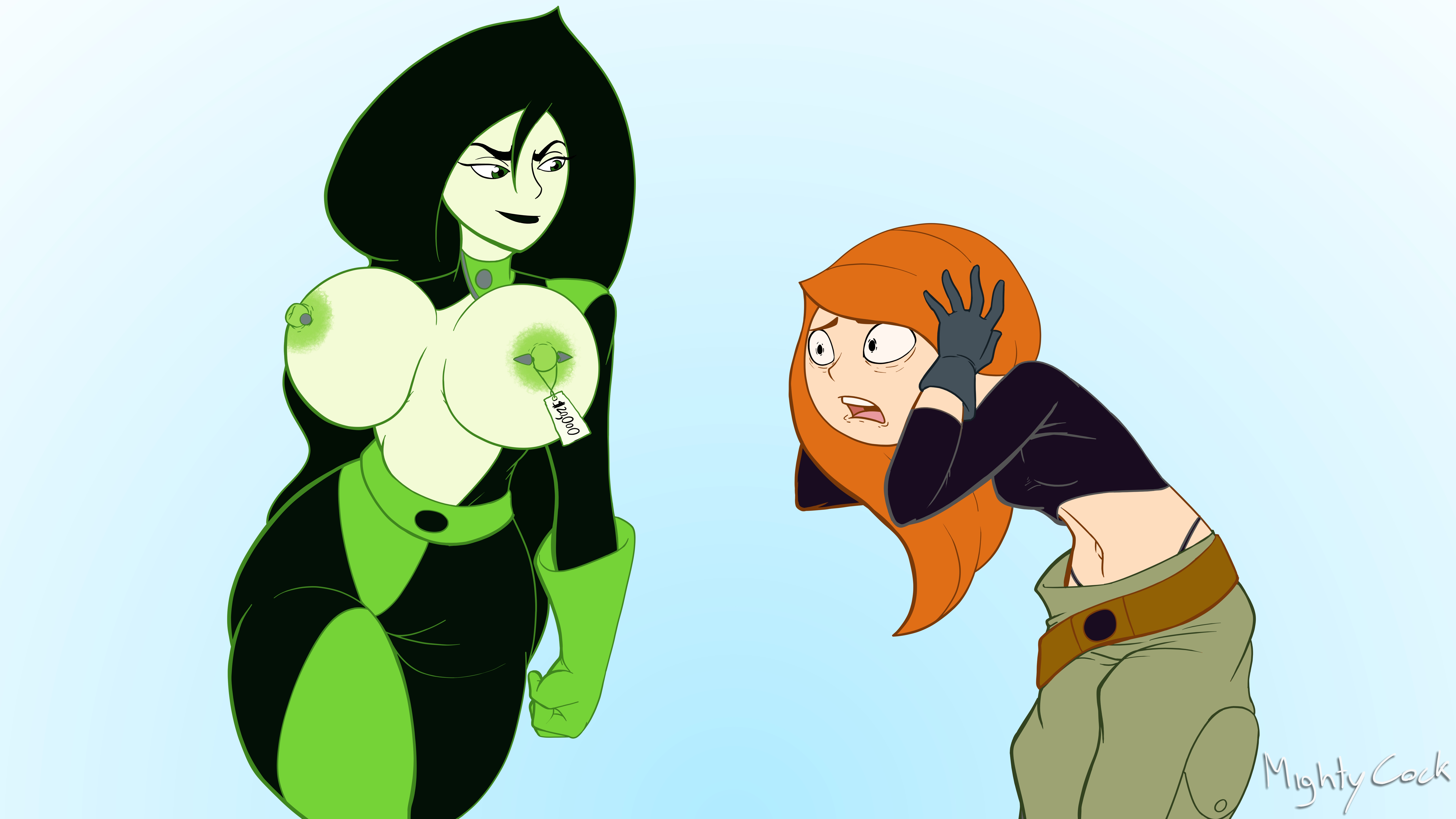 2girls, big breasts, black hair, breasts, clothing, disney, exposed breasts, female, female only, gloves, green skin, hair, kim possible, kimberly ann possible, large breasts, long hair, mightycock, multiple females, multiple girls, nipple piercing, nipples, orange hair, piercing, shego, topless