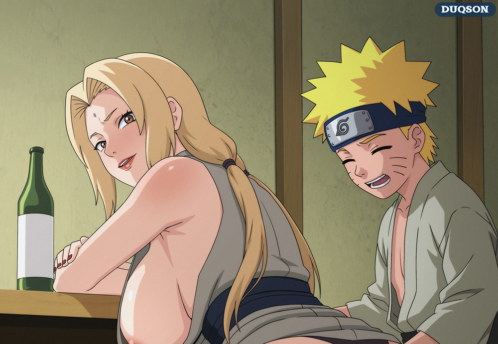 1boy, 1girls, anal, anal sex, censored, drunk, duqson, large breasts, naruto, naruto (series), nipple slip, sex, tsunade, uzumaki naruto
