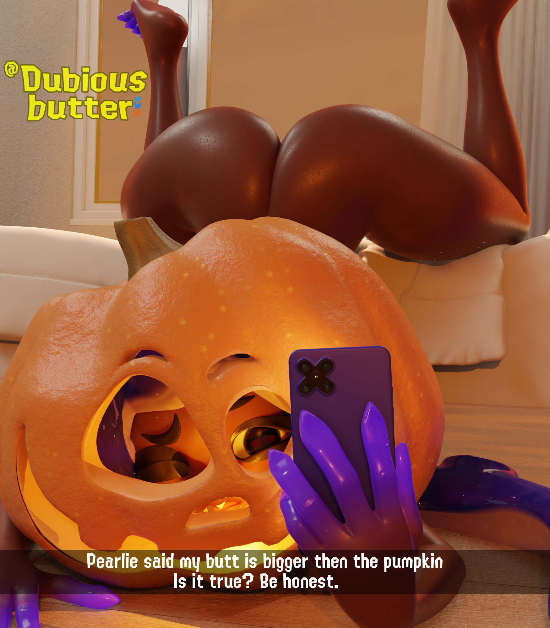 3d, absolutely nothing on, accessories only, artist signature, ass, ass focus, barefoot, blender, chest on ground, completely nude, completely nude female, dubious butter, female, holding phone, huge ass, knees on bed, lying on floor, marina (splatoon), marina (wo262), nude, nude female, oblivious sexualization, octoling, pumpkin, pumpkin head, shiny skin, splatoon, splatoon (series), splatoon 2, text, thick ass, thick thighs, thighs, toes, wo262 (3d model style)