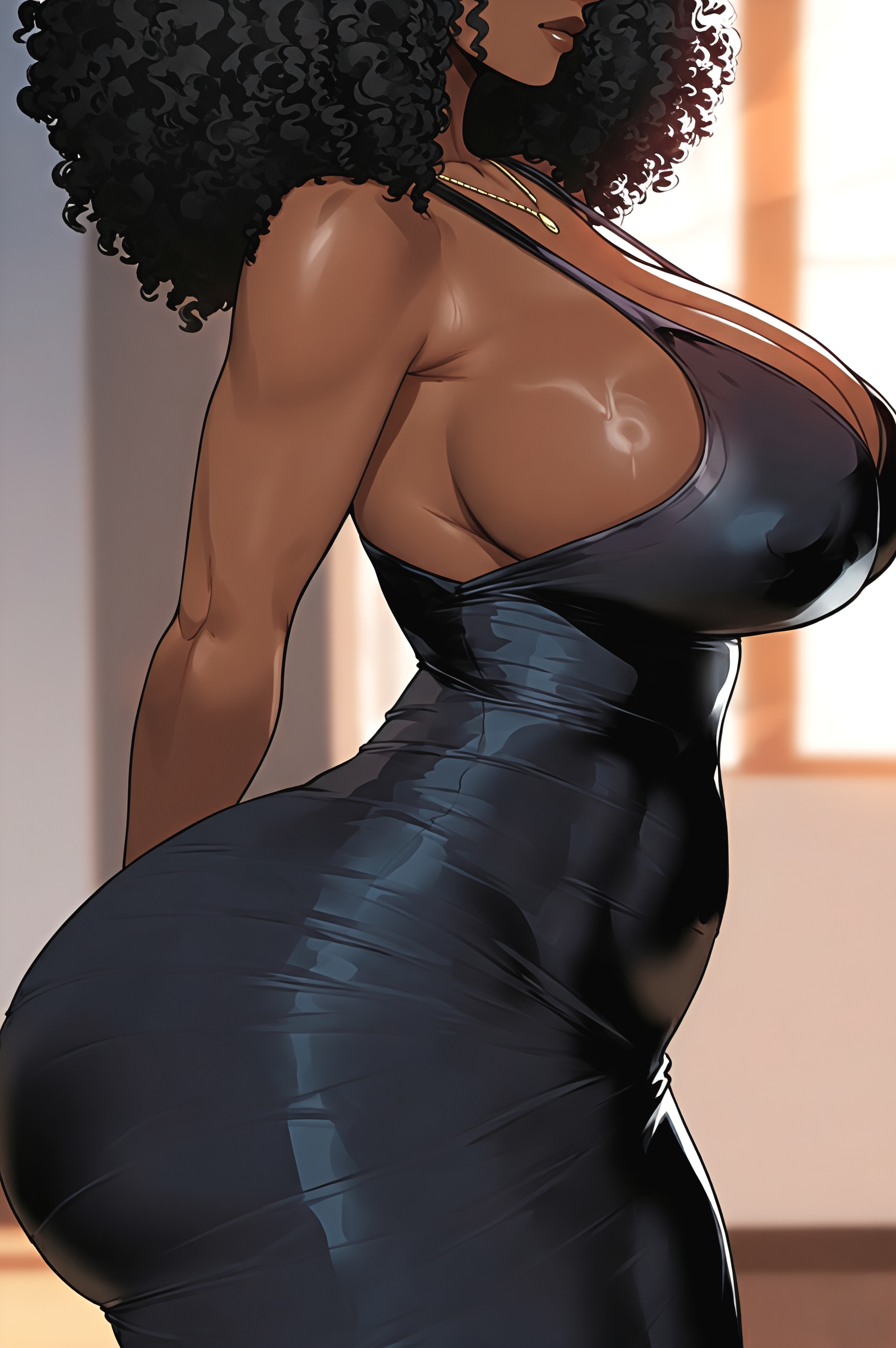 1girls, african female, afro, ai generated, big ass, big breasts, black dress, black hair, black woman, breasts, cleavage, curly hair, dark skin, dark-skinned female, dress, female, female only, mrtecta, necklace, original, original character, side view, sidelocks, solo, solo female, thick ass, thick lips, thick thighs, viewed from side