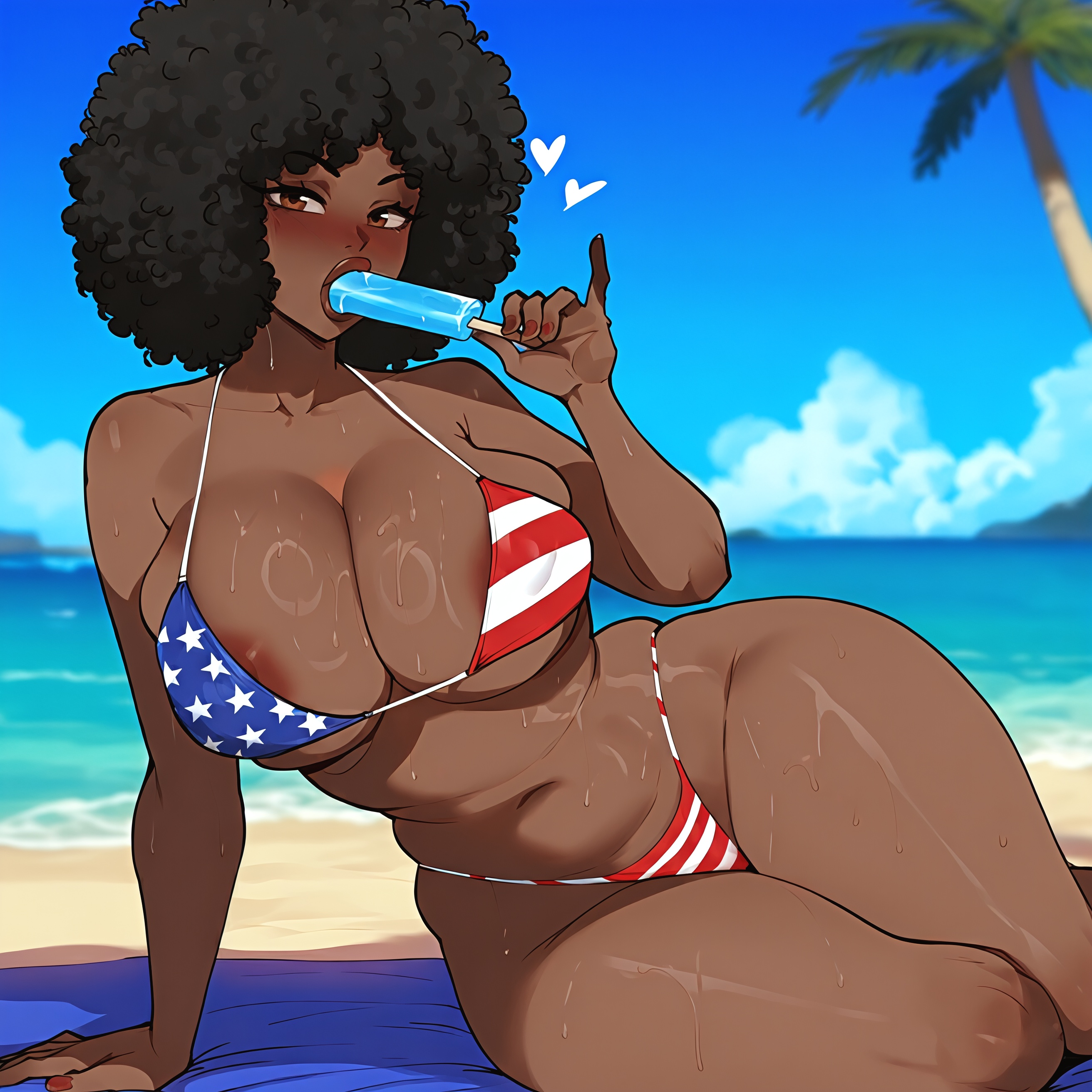 1girls, african female, afro, ai generated, american flag bikini, beach, beach towel, big breasts, bikini, black hair, black woman, blush lines, blushing at viewer, breasts, brown eyes, cleavage, dark skin, dark-skinned female, female, female only, huge ass, looking at viewer, mrtecta, original, original character, outdoors, outside, popsicle, solo, solo female, thick, thick lips, thick thighs, thighs, wet skin