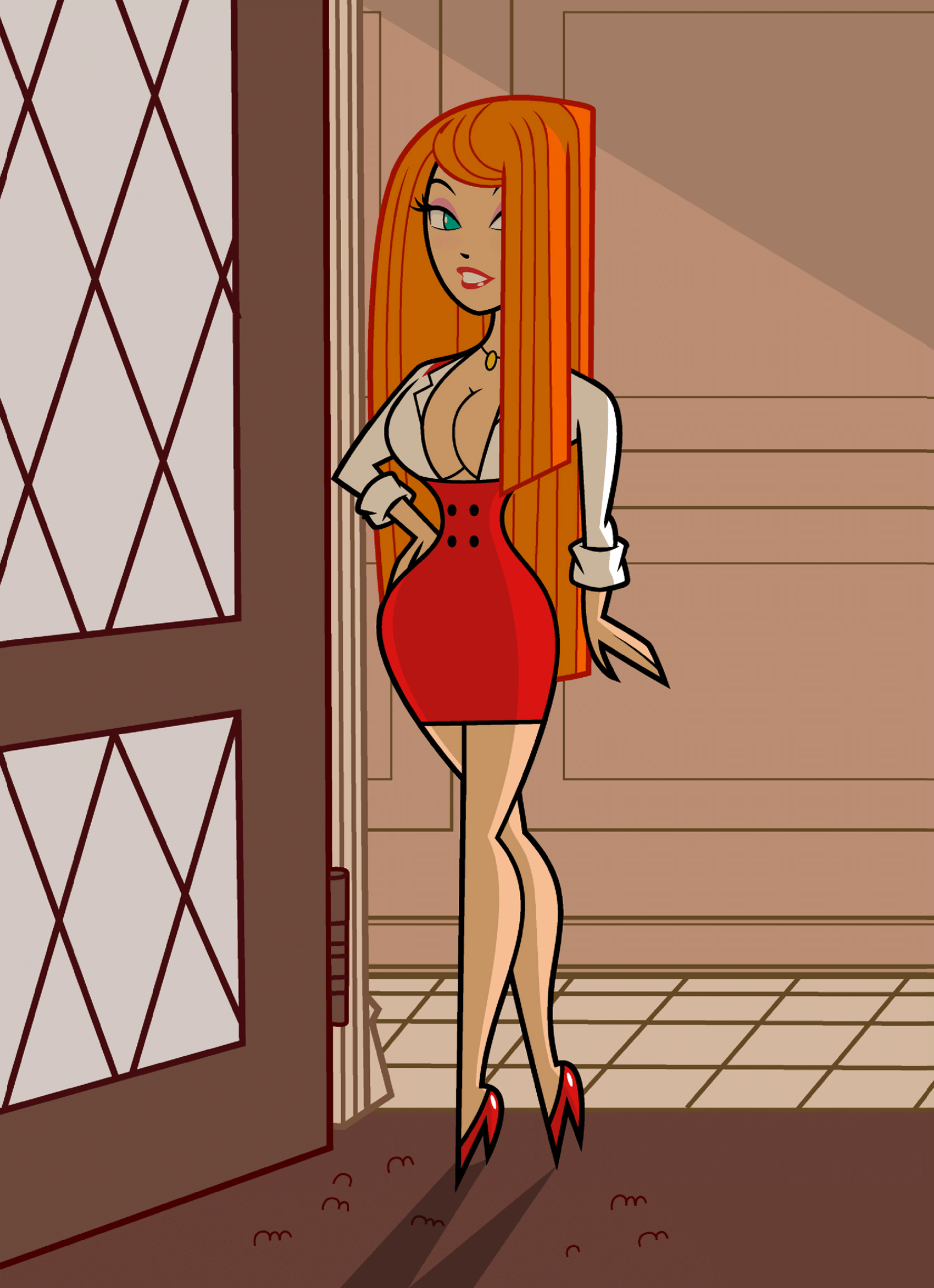 bimbo, blue eyes, boobs, breasts, cleavage, eyeshadow, female, hair over one eye, high heels, hourglass figure, large breasts, lipstick, makeup, office lady, pencil skirt, powerpuff girls, red hair, redhead, sara bellum, secretary, sftoon, skirt, very long hair, voluptuous, white shirt
