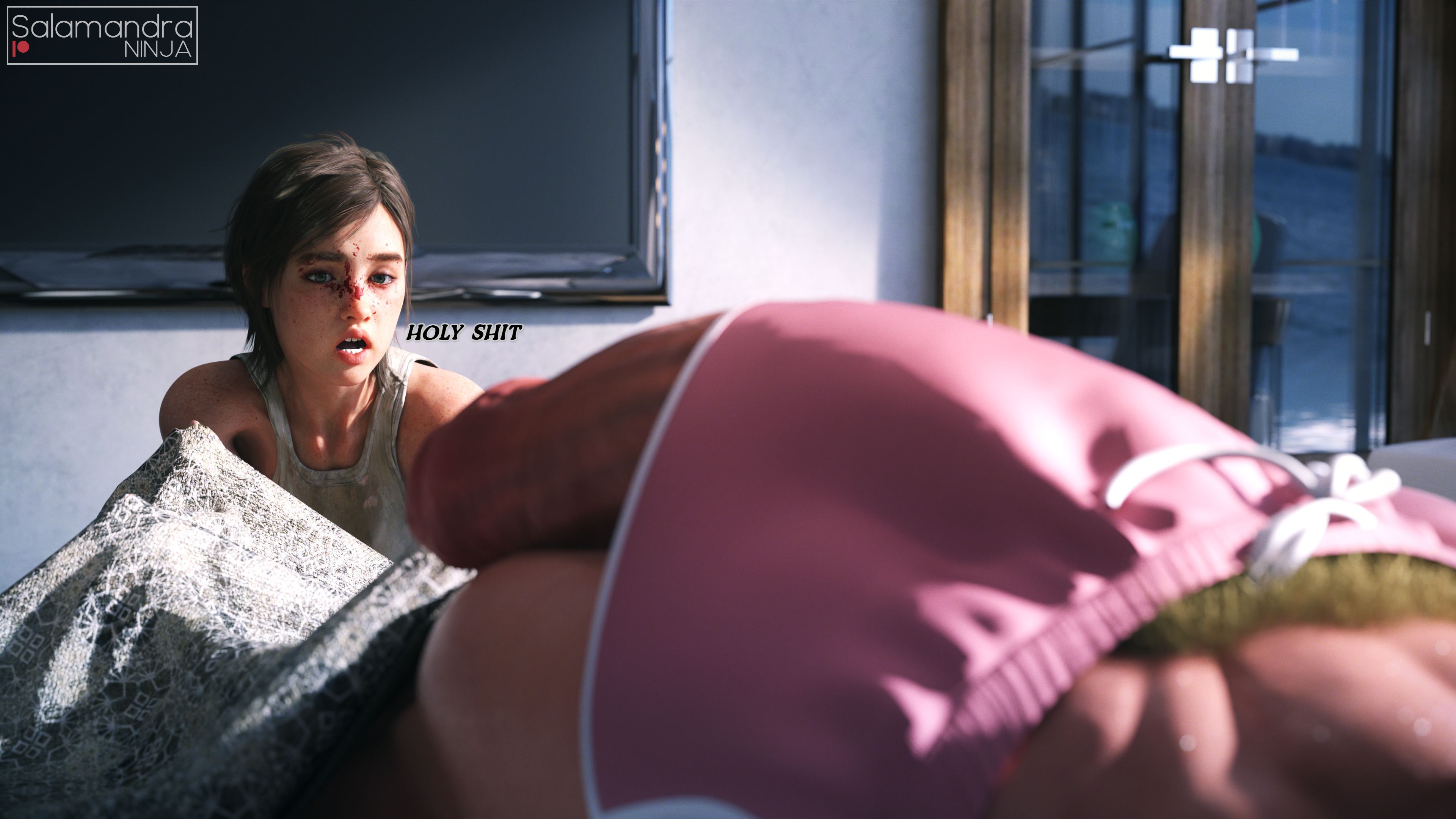 1futa, 1girls, 3d, abigail anderson, balls, breasts, brown hair, ellie (the last of us), ellie williams, female, flaccid, futanari, huge cock, hyper, hyper balls, hyper penis, intersex, naughty dog, penis, penis awe, penis out, penis through leghole, salamandraninja, sleeping, surprised expression, the last of us, the last of us 2