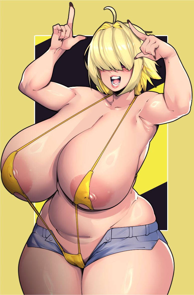 1girls bikini blonde_hair booty_shorts breasts elegg_(nikke) female goddess_of_victory:_nikke hair_over_eyes hi_res hips huge_breasts jean_shorts open_mouth rice-chan short_hair short_shorts shorts sling_bikini thick_thighs thighs useless_clothing voluptuous wide_hips