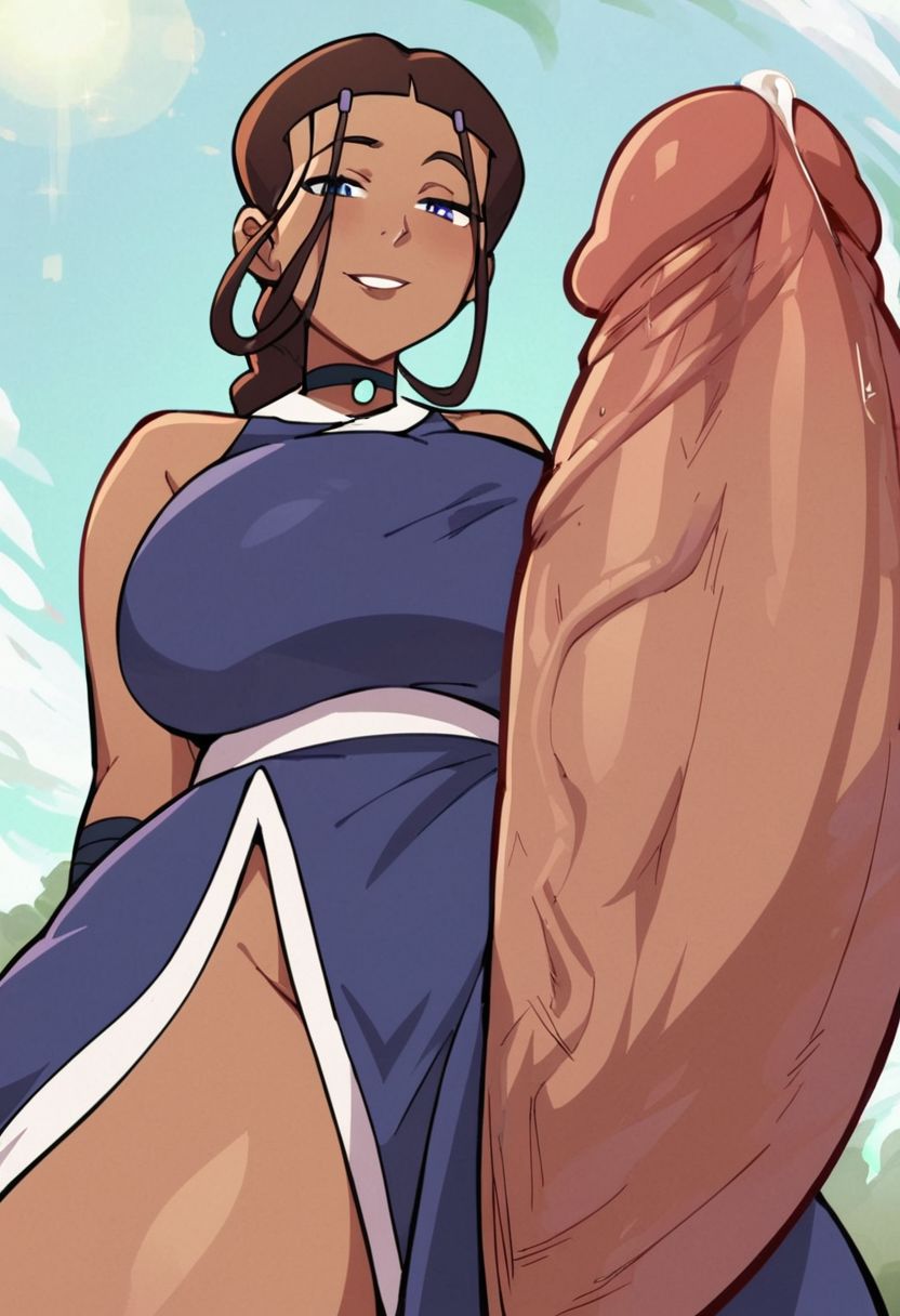 1futa, ai generated, avatar legends, avatar the last airbender, big breasts, big penis, breasts, cum drip, futa only, futanari, intersex, katara, looking at viewer, low-angle view, penis, precum, smug face, water tribe