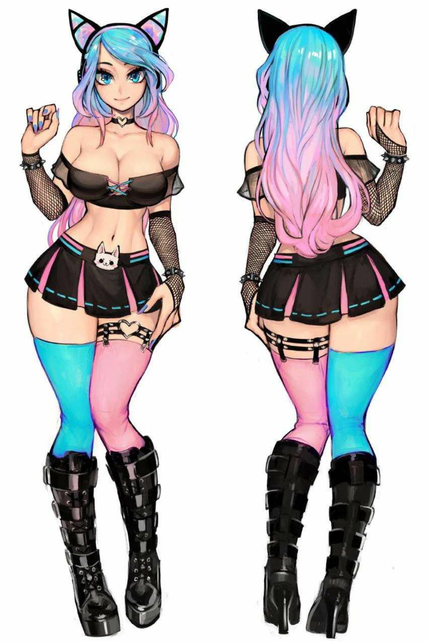 1girls, abs, back, back view, bare shoulders, belly, belly button, blue eyes, blue hair, boots, breasts, cat ears, clothed, clothing, curvy, curvy figure, cute, facing viewer, female, female focus, female only, gamer girl, gloves, goth, hand on hip, headwear, hips, indie virtual youtuber, large breasts, legs together, long gloves, long hair, looking at viewer, medium breasts, miniskirt, multicolored hair, nail polish, nails, necklace, no bra, pink hair, pose, short skirt, silvervale, simple background, skirt, smile, standing, tagme, thick thighs, thighhighs, thighs, thin waist, two colored hair, unknown artist, virtual youtuber, waist, white background