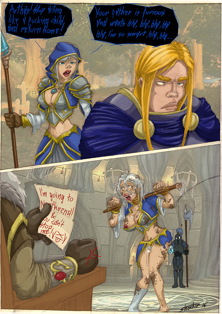 1boy 1girls arthas_menethil blizzard_entertainment bondage dialogue human human_(world_of_warcraft) instant_loss_2koma jaina_proudmoore light-skinned_female light_skin restrained shockir terenas_menethil warcraft world_of_warcraft