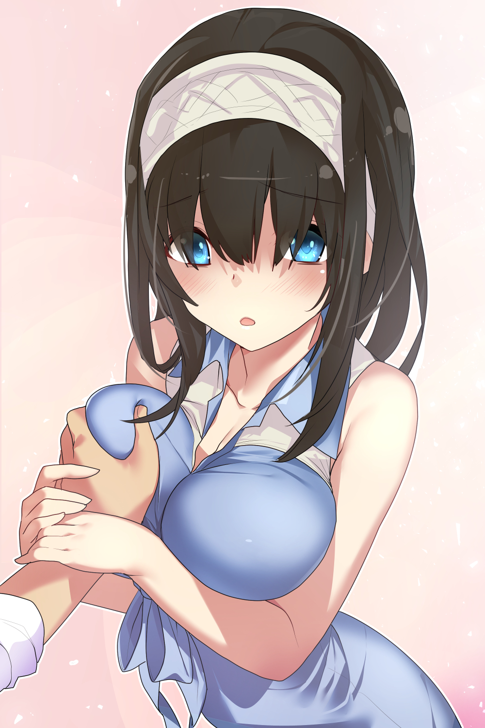 10s 1boy black_hair blue_dress blue_eyes blush breast_grab breasts dress female grabbing grabbing_another's_breast guided_breast_grab guiding_hand hairband highres idolmaster idolmaster_cinderella_girls large_breasts long_hair looking_at_viewer open_mouth pov sagisawa_fumika sleeveless sleeveless_dress solo_focus straight yamacchi