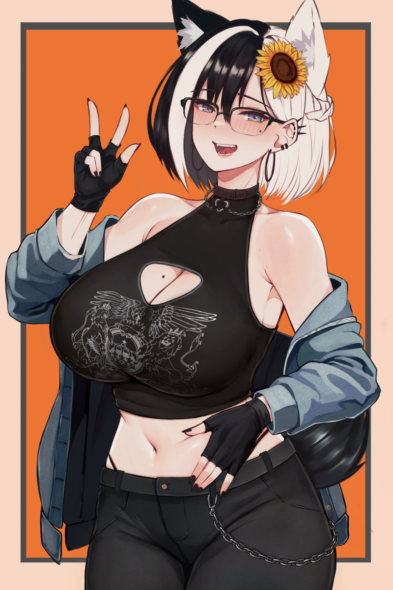1girls, bare shoulders, big breasts, boobies, breasts, cleavage, clothing, crop top, female, fox girl, glasses, happy, large breasts, light skin, melisa (varniskarnis), original, smile, smiling at viewer, solo, solo female, thick thighs, varniskarnis