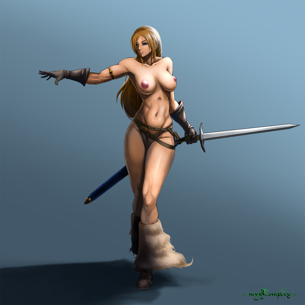 1girls 2011 blue_eyes breasts cassie_(mythcomplex) female mythcomplex nipples perky_breasts pin-up solo sword thong weapon