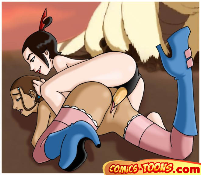 avatar_the_last_airbender azula black_hole_sun comics-toons dark-skinned_female dark_skin female female_only human interracial katara multiple_females multiple_girls stockings straight_hair strap-on yuri