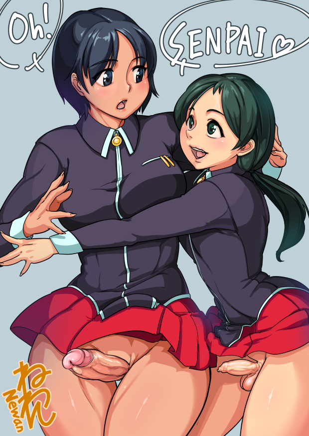 bimbo black_hair dickgirl erection foreskin futa_with_futa futanari intersex large_penis makoto_(neone-x) neone-x penis penis_under_skirt school_uniform short_hair skirt small_penis standing testicles tsugumi_(neone-x)