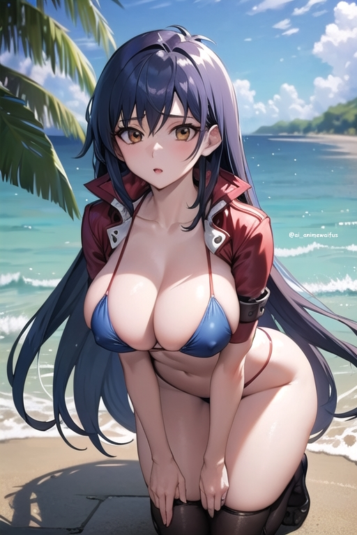 abdomen ai_animewaifus ai_generated beach_background blair_flannigan blue_hair blush edit erect_nipples female huge_breasts jacket legwear long_hair looking_at_viewer mature navel nipples_visible_through_clothing saotome_rei shonen_jump shounen_jump shueisha thick_thighs weekly_shonen_jump weekly_shounen_jump yellow_eyes yu-gi-oh! yu-gi-oh!_gx yuu-gi-ou yuu-gi-ou_gx