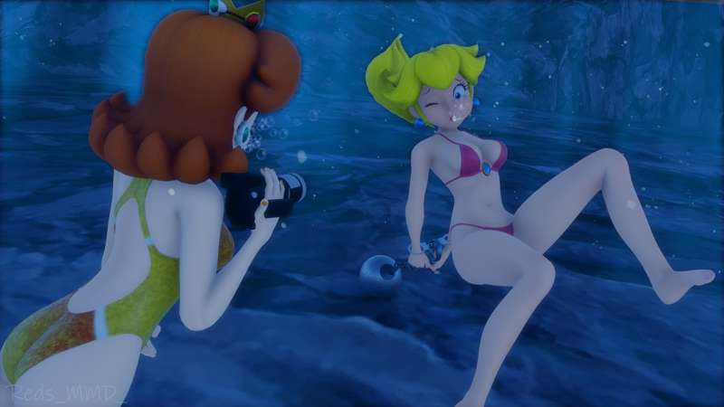 air_bubbles bikini breasts drowning female mario_(series) princess_daisy princess_peach redsmmd underwater