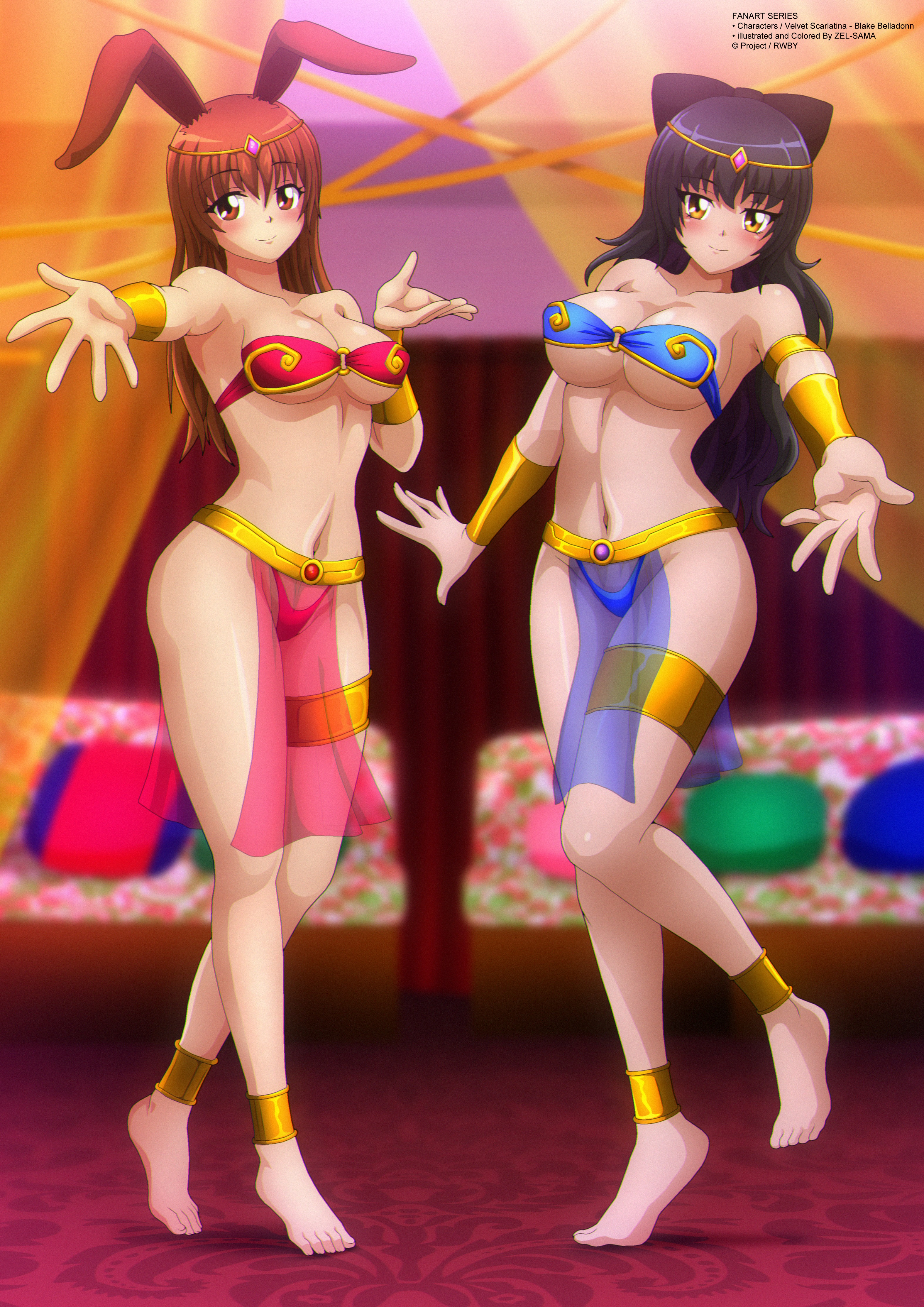 2girls, amber eyes, anklet, belly dancer, belly dancer outfit, black hair, blake belladonna, bracelet, breasts, brown eyes, brown hair, cat ears, cat girl, catgirl, cleavage, faunus, female, female only, harem, harem girl, harem outfit, large breasts, loincloth, long hair, looking at viewer, rabbit ears, rabbit girl, rwby, see-through loincloth, thong, velvet scarlatina, zel-sama