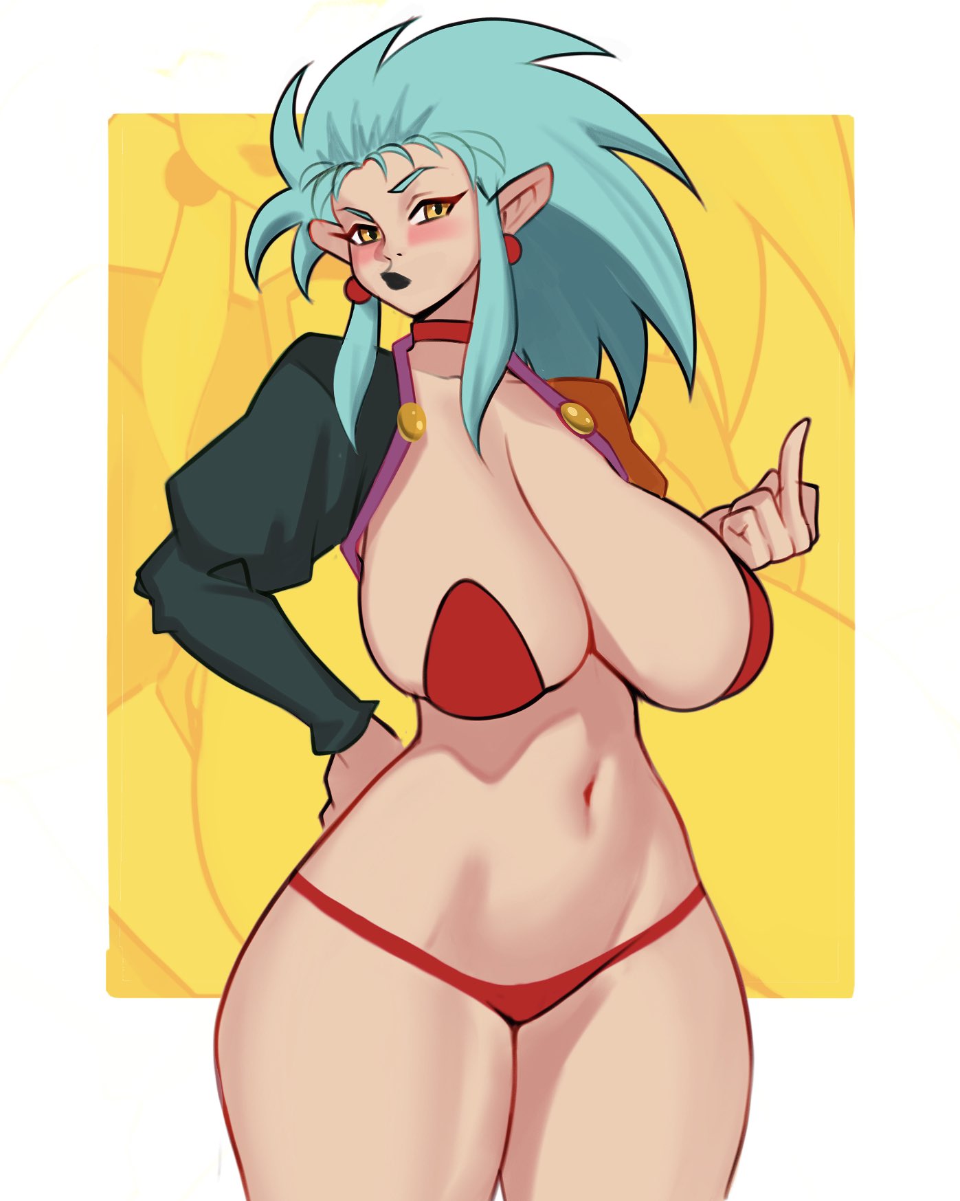 1girls 2024 amber_eyes aqua_hair big_breasts black_lipstick blush breasts earrings female female_only hand_on_hip hi_res humanoid jakuson_z long_hair looking_at_viewer middle_finger panties ryoko_hakubi skimpy skimpy_clothes solo tenchi_muyo! thick_thighs