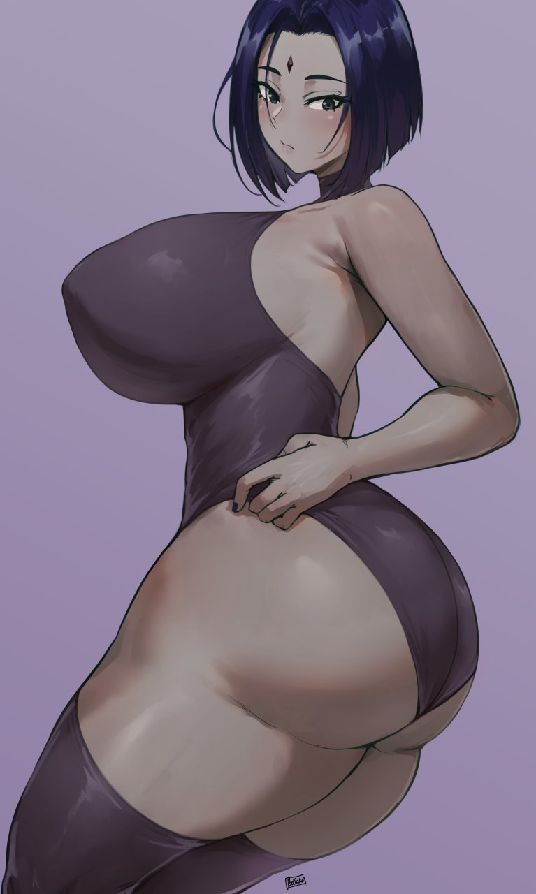 1girls, ass, batako, breasts, dc, dc comics, female, female only, large ass, large breasts, leotard, looking back, pale skin, purple hair, rachel roth, raven (dc), short hair, solo, teen titans, thick thighs, thighhighs, thighs, tight clothing