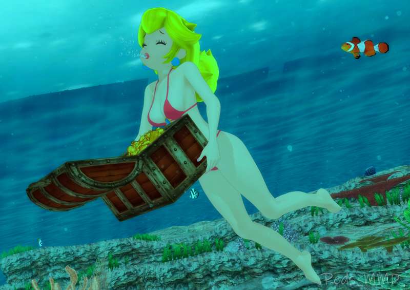 3d air_bubbles bikini breasts female holding_breath mario_(series) princess_peach redsmmd scuba underwater