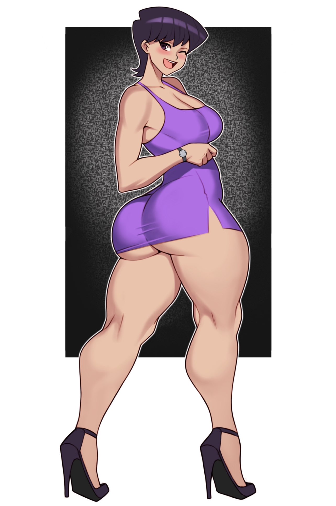 1girls, 2024, ass, black background, black hair, blush, breasts, cleavage, dress, female, female focus, female only, heels, hi res, huge ass, jakuson z, komi shuuko, komi-san wa komyushou desu, looking at viewer, looking back, looking back at viewer, milf, purple dress, smiling, smiling at viewer, solo, thick ass, thick thighs, thighs, white background, wink, winking at viewer