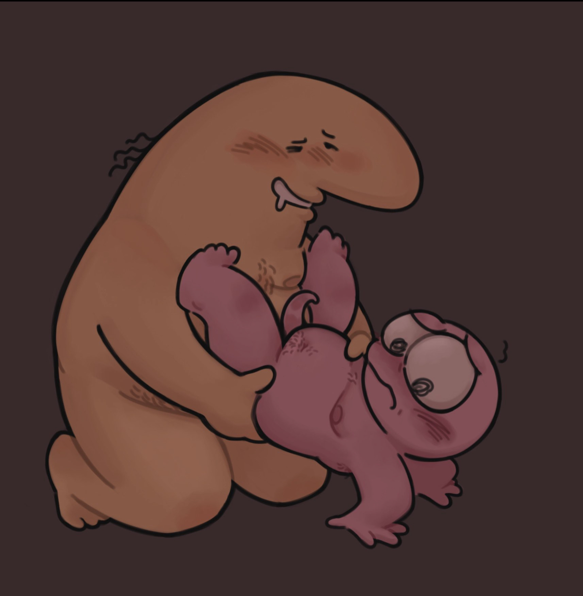 2boys, anal, anal sex, balding, blush, charlie (smiling friends), chubby, chubby male, drooling, gay, grabbing hips, male, middle aged, mintyconolies, nervous, no clothes, pim (smiling friends), purple skin, smiling friends, toony, yaoi, yellow skin