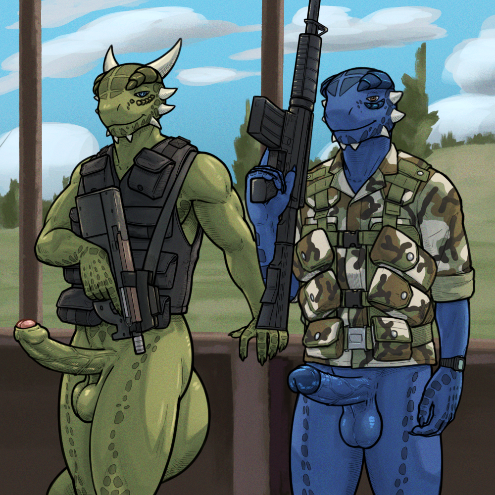 1:1 anthro argonian balls bethesda_softworks big_balls big_penis blue_body blue_eyes blue_scales bottomless camo camo_clothing camo_print clothed clothing duo erection gear genitals gun holding_object holding_weapon horn humanoid_genitalia humanoid_penis looking_at_viewer male male_only microsoft military military_uniform muscular muscular_anthro muscular_male pattern_clothing penis ranged_weapon reptile scales scalie shen_(archshen) smile spikes tail tall_lizzard_(artist) the_elder_scrolls topwear tristen weapon