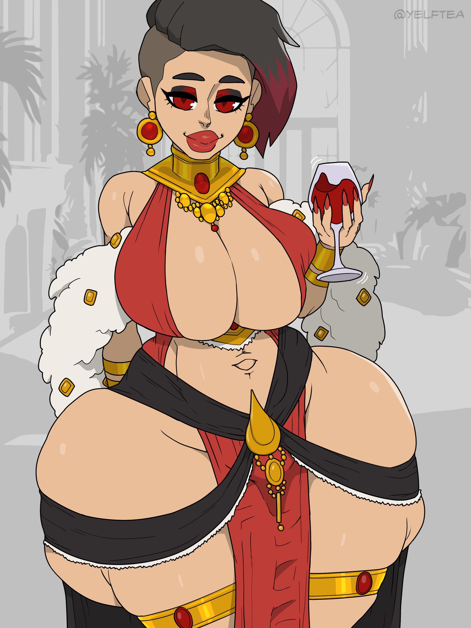 1girls, ass, ass bigger than head, big ass, big breasts, big butt, black hair, bottom heavy, breasts, bubble ass, bubble butt, clothing, curvaceous, curvy, curvy figure, earrings, female, female only, front view, hi res, huge ass, huge breasts, jewelry, lipstick, loincloth, looking at viewer, mostly nude, puffy lips, punk hair, red eyes, red highlights, red lipstick, shaved side, skimpy, skimpy clothes, solo, solo female, tagme, voluptuous, voluptuous female, wine, wine glass, yelftea