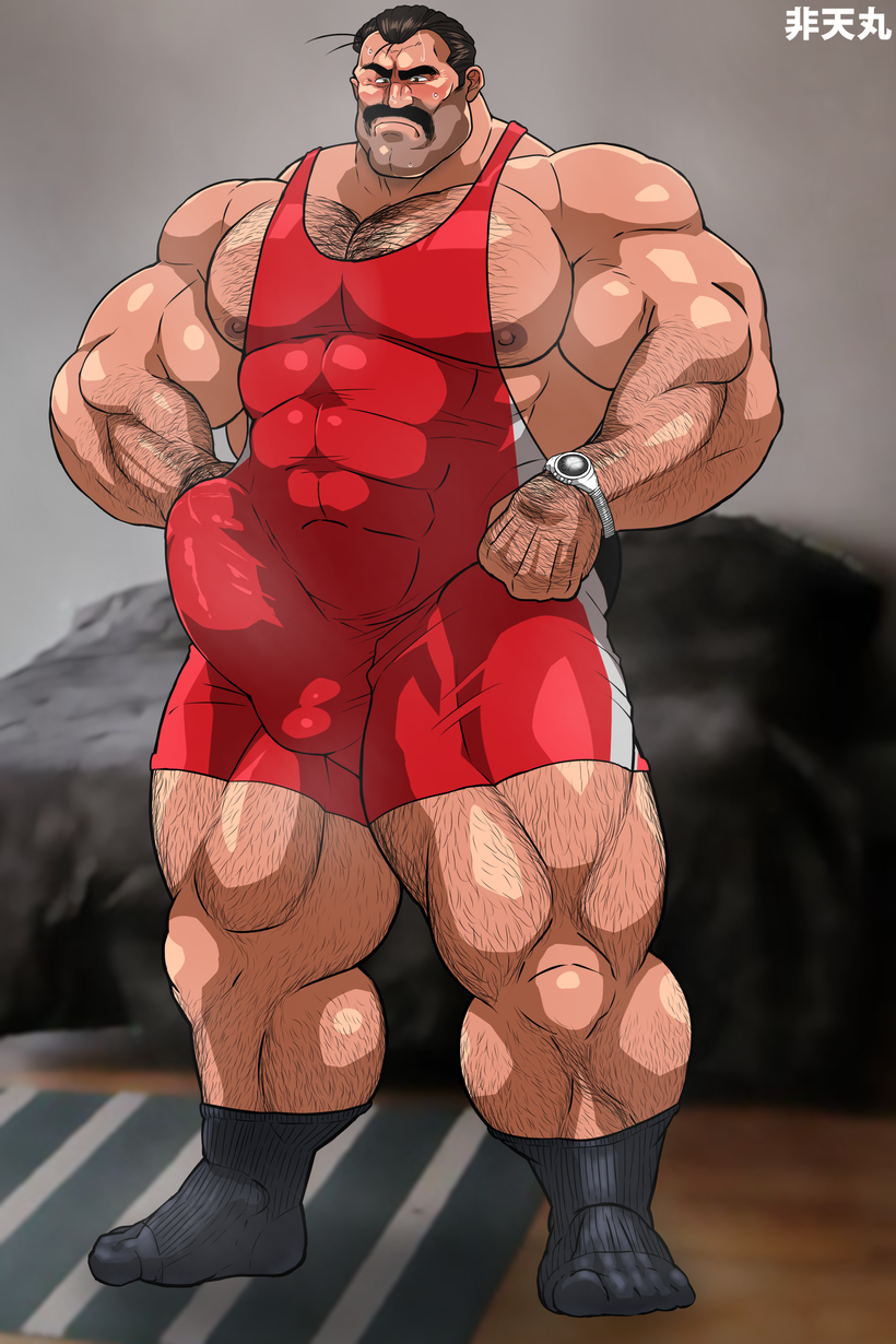 balls bara boner character_request erection erection_under_clothes facial_hair hitenmaru kumagai_hajime male male_only moustache muscles muscular musk penis singlet solo solo_male sweat sweating