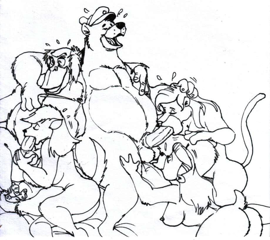 anthro baloo bear disney female fur furry haplorhine louie male mammal monkey monkey_feet monochrome nipples orangutan penis prehensile_feet primate rebecca_cunningham straight talespin wolfwood