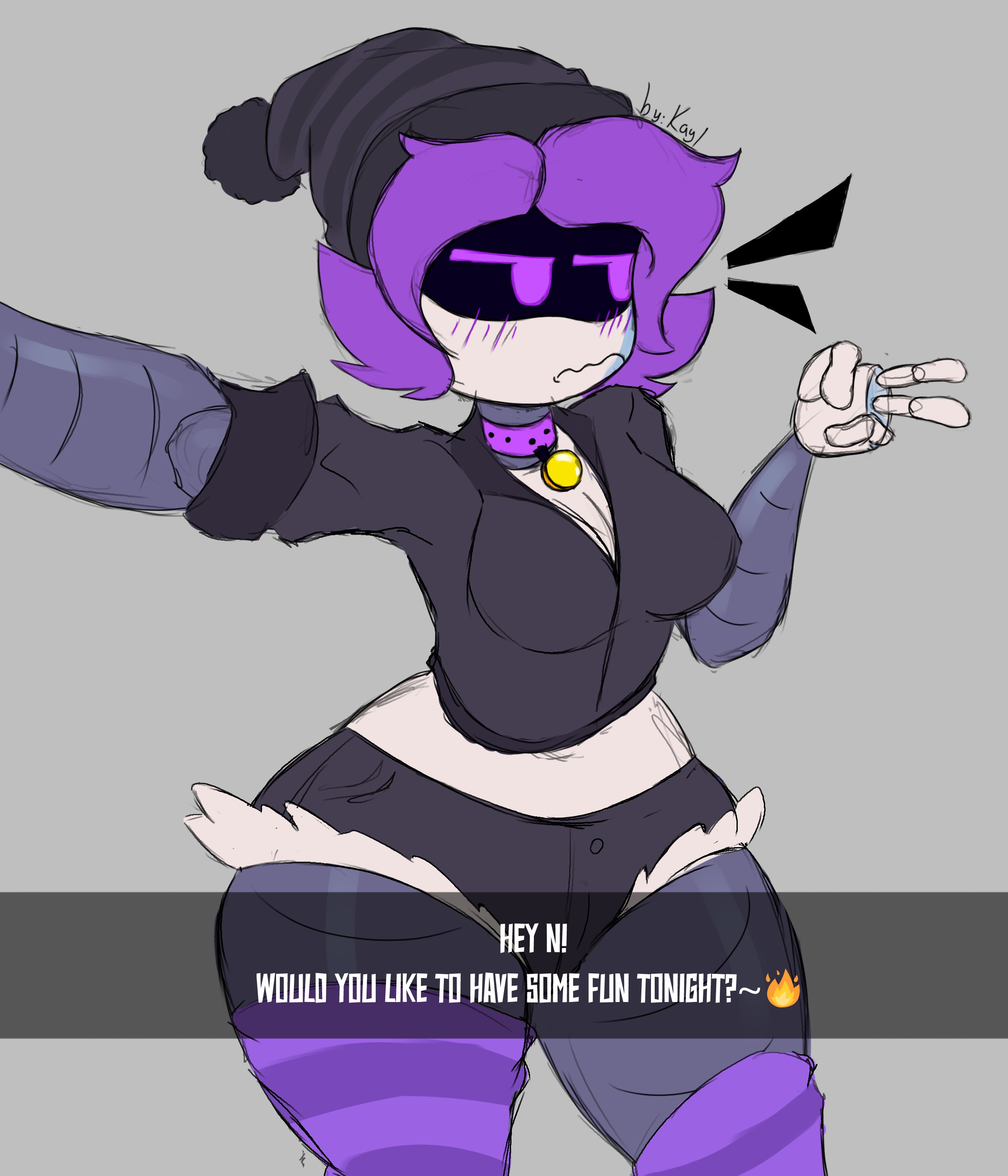 1girls, 2d, alternate version available, ass, big ass, big thighs, blush, breasts, clothed, collar, dialogue, dialogue box, drone, english text, female, female only, huge ass, huge thighs, kayl, medium breasts, murder drones, purple eyes, purple hair, robot, robot girl, robot humanoid, solo, tagme, teasing, text, thick hips, thick thighs, thighs, uzi (murder drones)