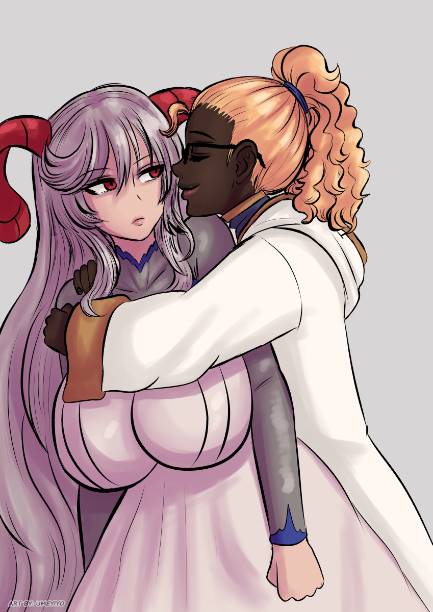 2girls blonde_hair bodystocking breasts closed_eyes dark-skinned_female dark_skin expressionless female female_only fire_emblem fire_emblem_heroes freyja_(fire_emblem) glasses grey_hair horns hug huge_breasts interracial kiran_(fire_emblem) kiran_(fire_emblem)_(female) malena_(umeyiyo) medium_hair multiple_girls orange_hair original ponytail questionable_consent smile umeyiyo very_dark_skin very_long_hair yuri