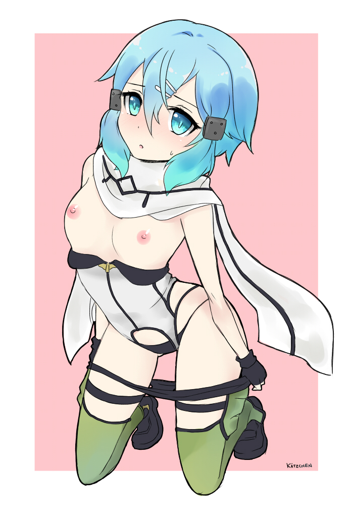 aqua eyes, aqua hair, asada shino, black panties, blush, breasts, chaps, female, gun gale online, hairclip, kaetzchen, kneeling, looking at viewer, nipples, panties, scarf, short hair, shorts, shorts pull, sinon, small breasts, solo, sweat, sword art online, thighhighs, topless, underwear, undressing
