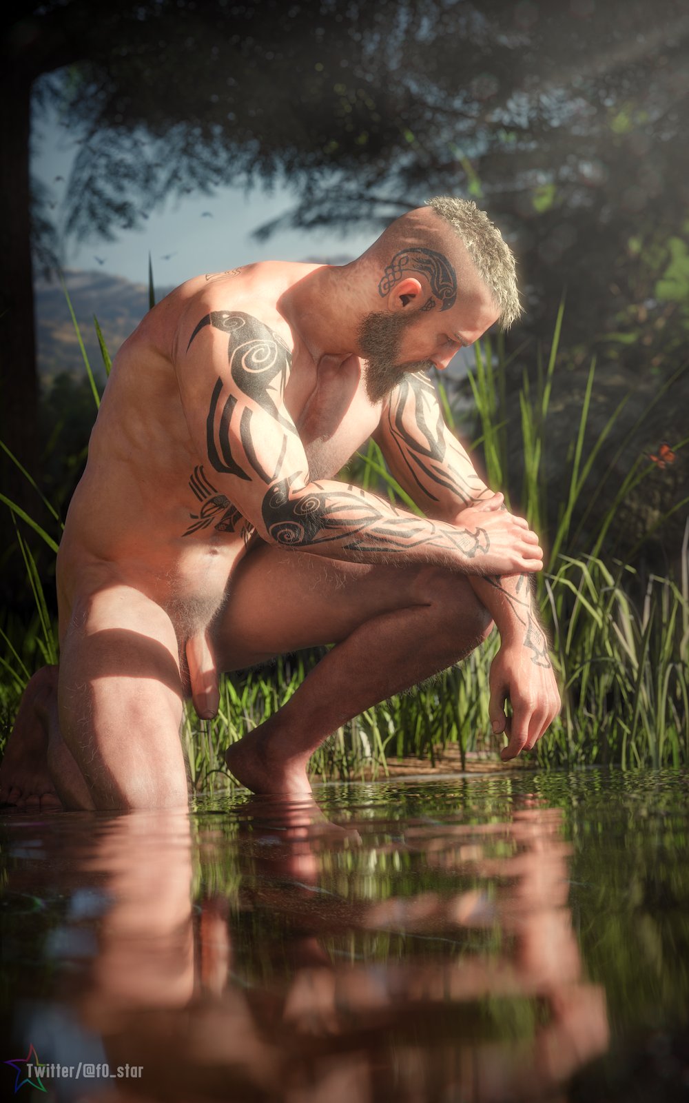 1boy 1human 1male 1man 3d 3d_(artwork) 3d_model assassin's_creed_(series) bathing blonde_hair eivor_varinsson f0-star light-skinned_male light_skin male male_focus male_only nonsexual nonsexual_nudity outdoor_nudity outdoors pubic_hair tattooed_male ubisoft uncut_penis viking